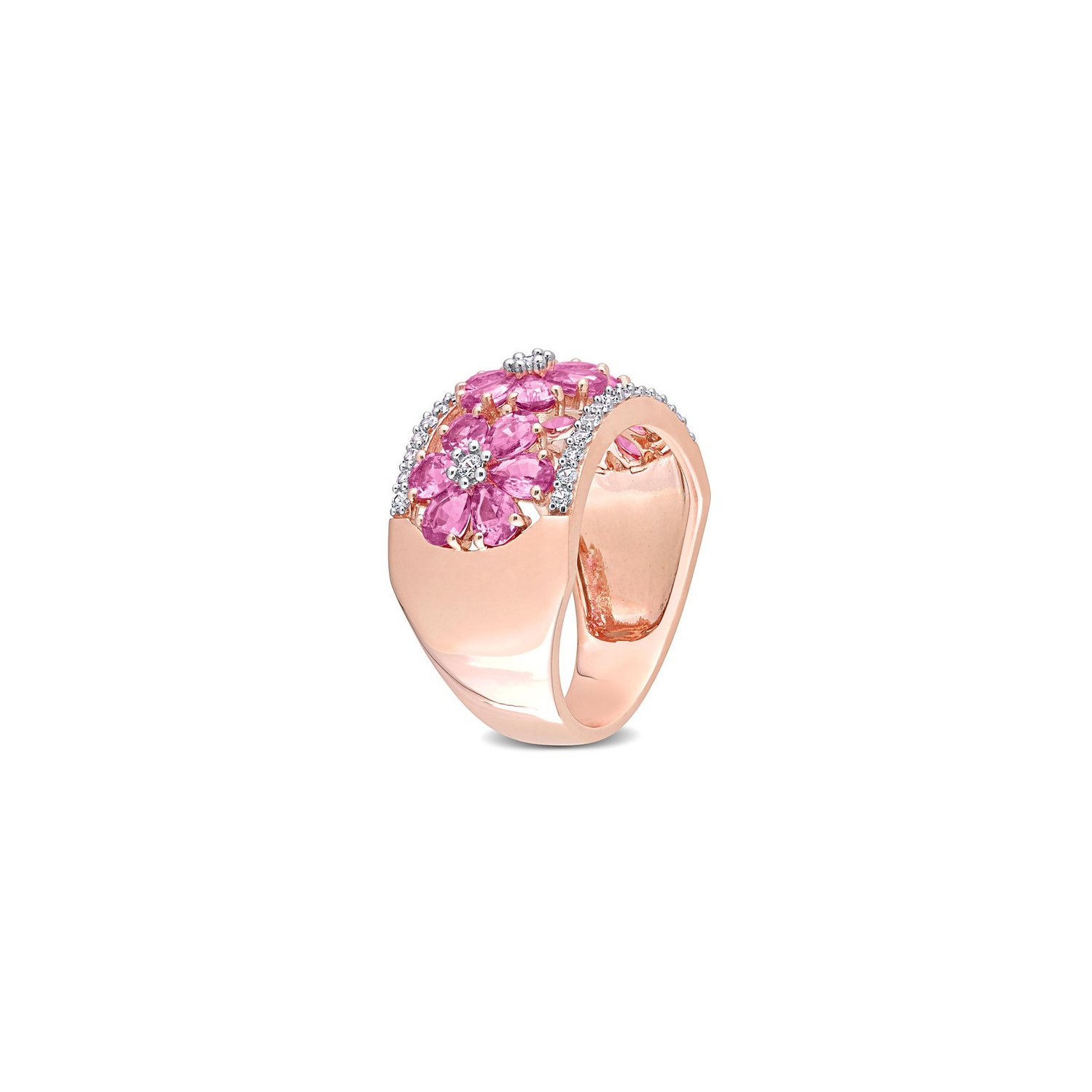 3.92 Carat Pink and White Sapphire Flower Band Ring in 14K Rose Pink Gold