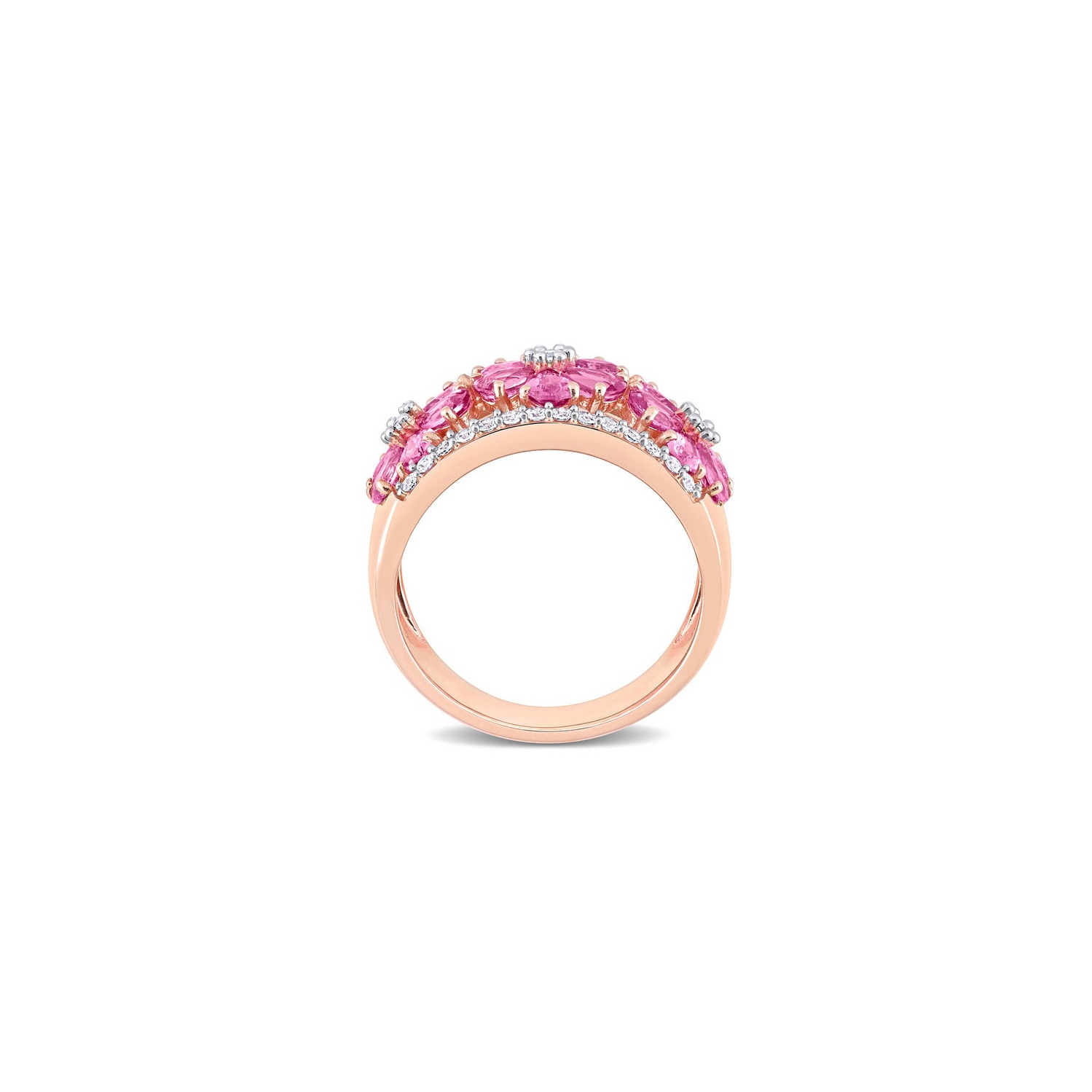 3.92 Carat Pink and White Sapphire Flower Band Ring in 14K Rose Pink Gold