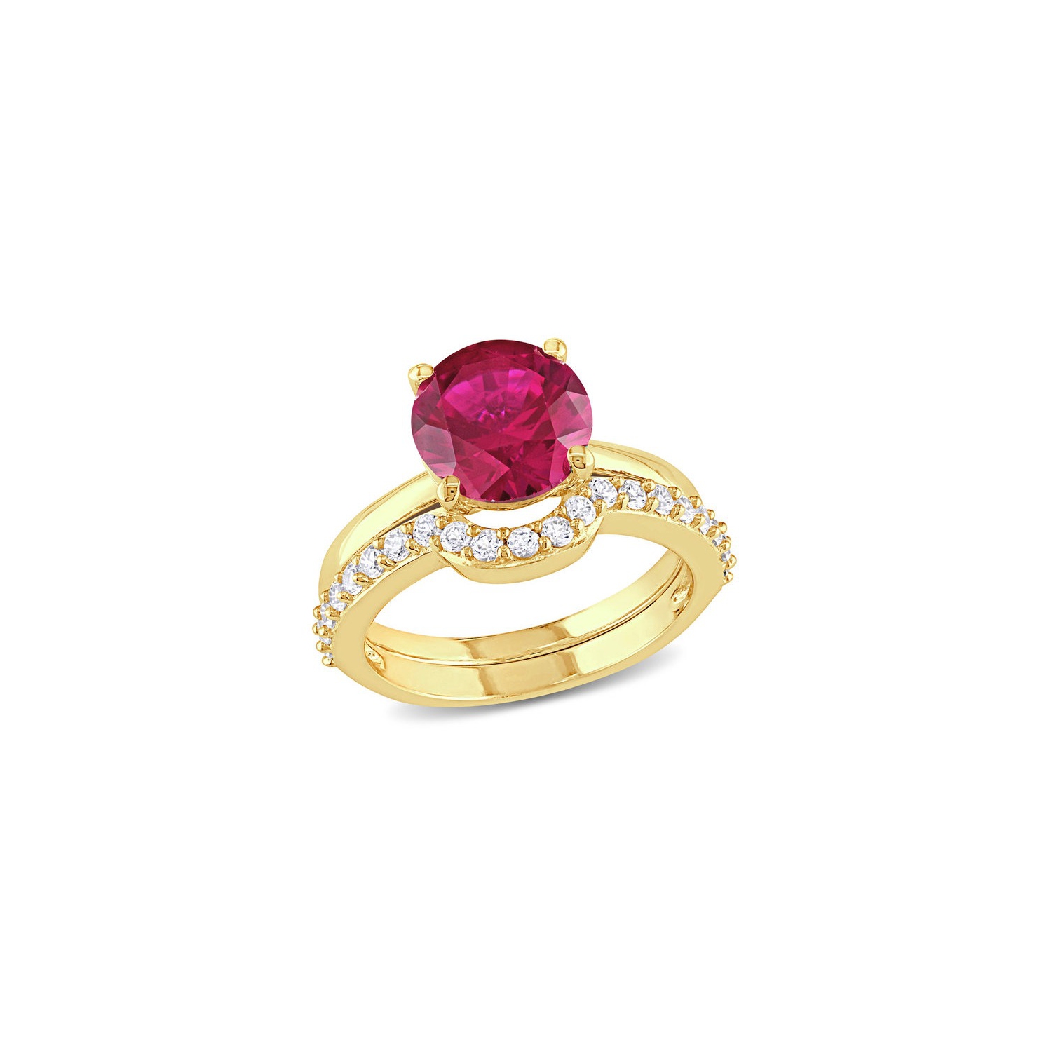 2.80 Carat Lab-Created Ruby and White Sapphire with Bridal Wedding Set Engagement Ring 10K Yellow Gold
