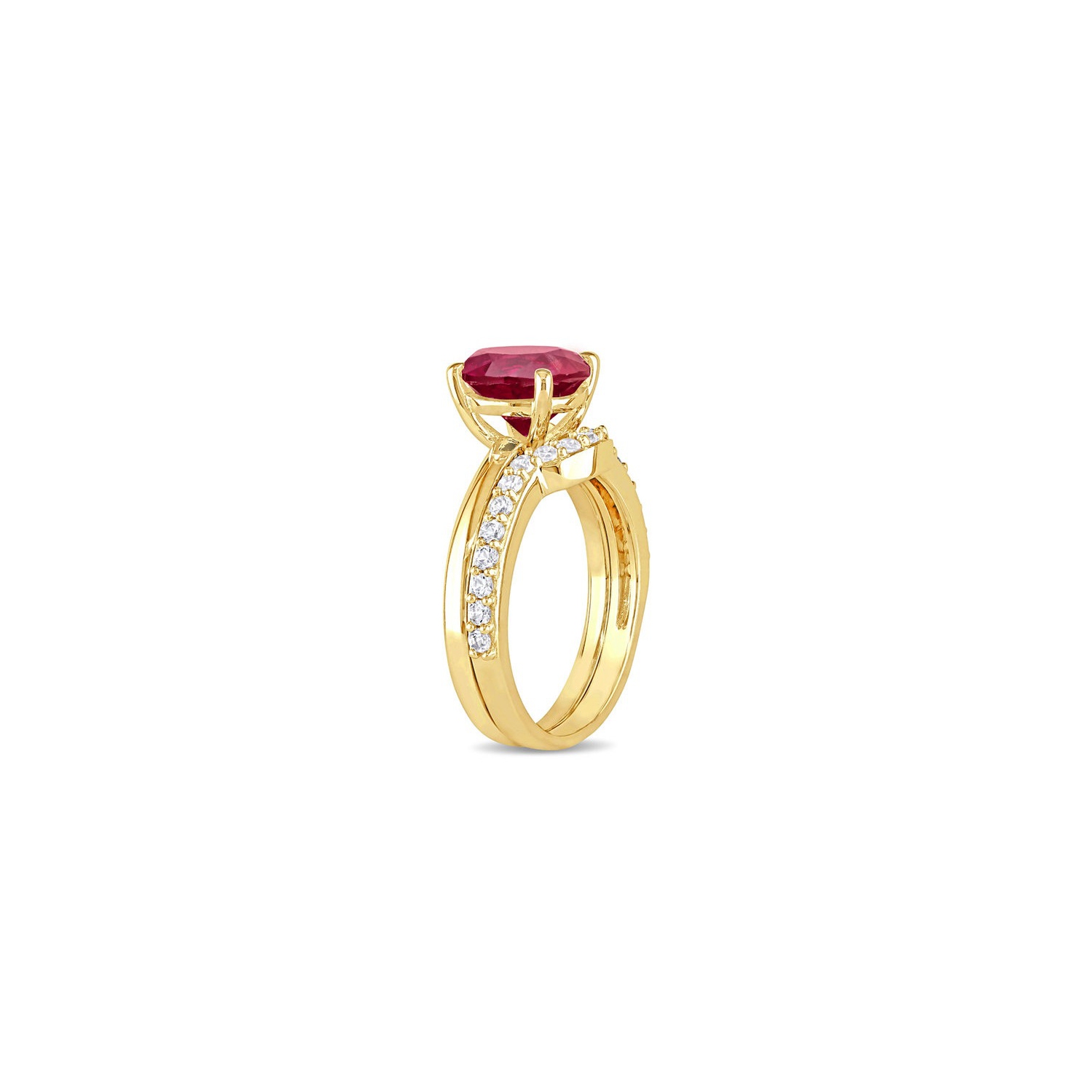 2.80 Carat Lab-Created Ruby and White Sapphire with Bridal Wedding Set Engagement Ring 10K Yellow Gold