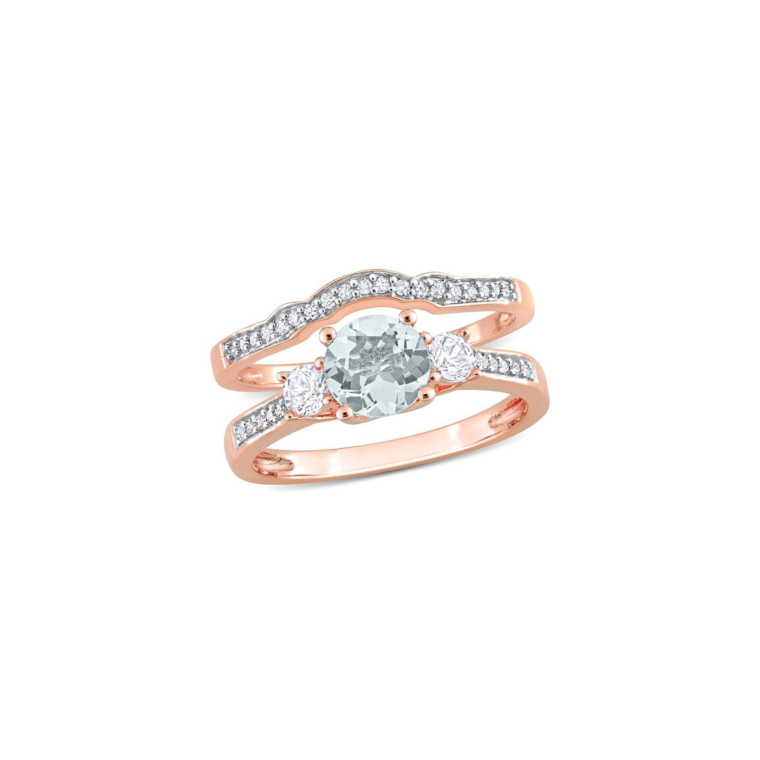 3/4 Carat Aquamarine and Lab-Created White Sapphire Bridal Wedding Set Ring in 10K Pink Gold with Diamonds
