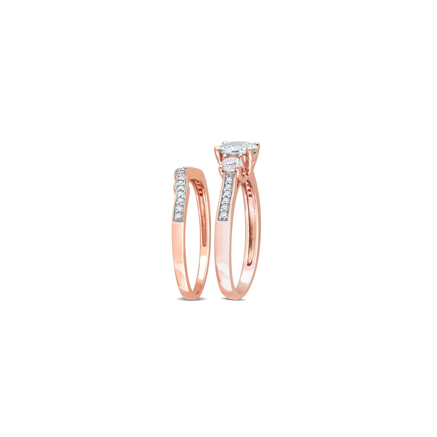 3/4 Carat Aquamarine and Lab-Created White Sapphire Bridal Wedding Set Ring in 10K Pink Gold with Diamonds