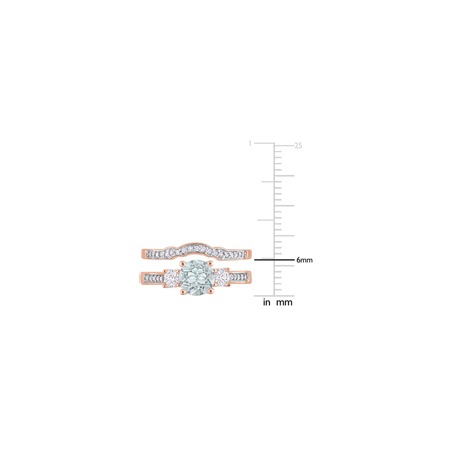 3/4 Carat Aquamarine and Lab-Created White Sapphire Bridal Wedding Set Ring in 10K Pink Gold with Diamonds