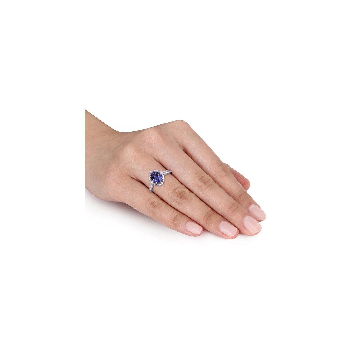 1.79 Carat Tanzanite and Diamond Halo Ring in 14K White Gold