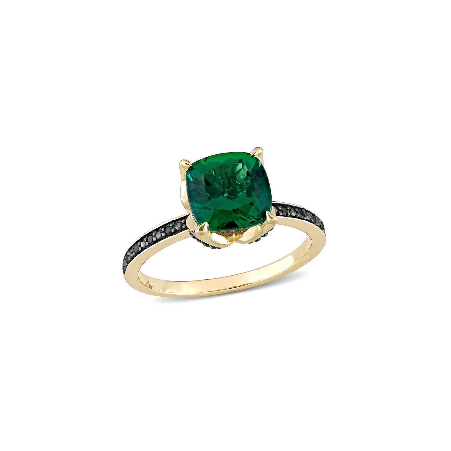 1.60 Carat Lab-Created Emerald Ring in 10K Yellow Gold with Black Diamonds