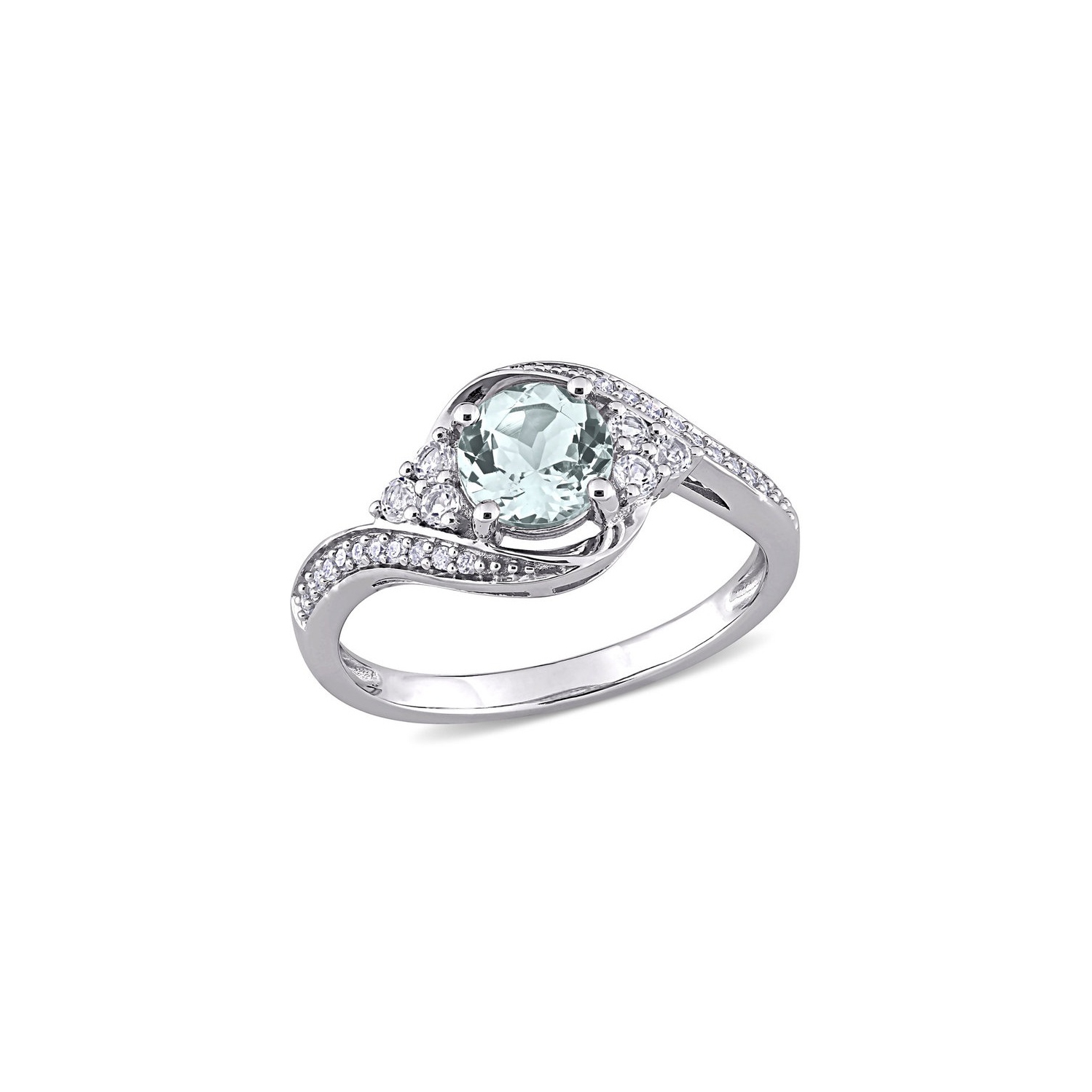 7/8 Carat Aquamarine and White Topaz Swirl Ring in 10K White Gold with Diamonds