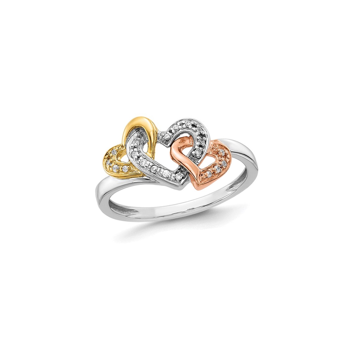 1/12 Carat Accent Diamond Triple Heart Ring in 14K White, Rose and Yellow Gold