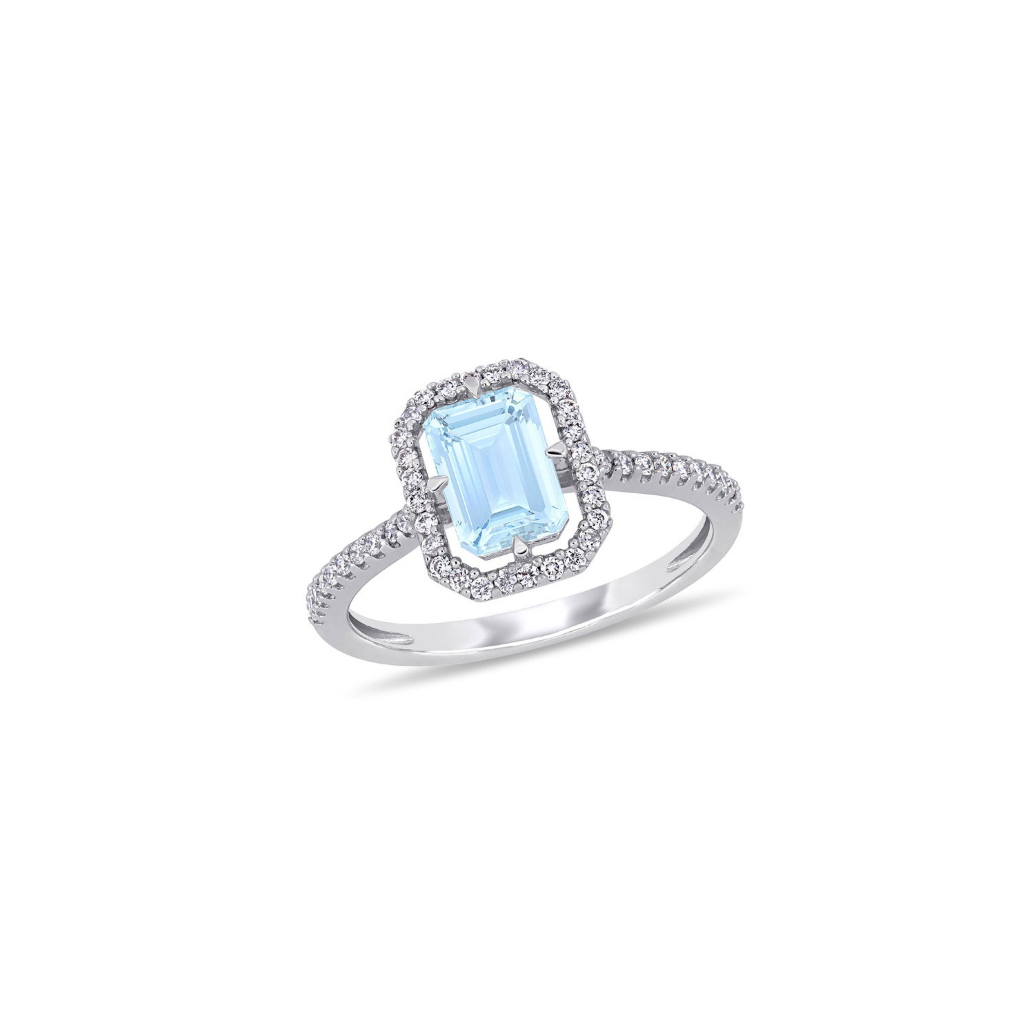 9/10 Carat Aquamarine Halo Ring with Diamonds in 14K White Gold
