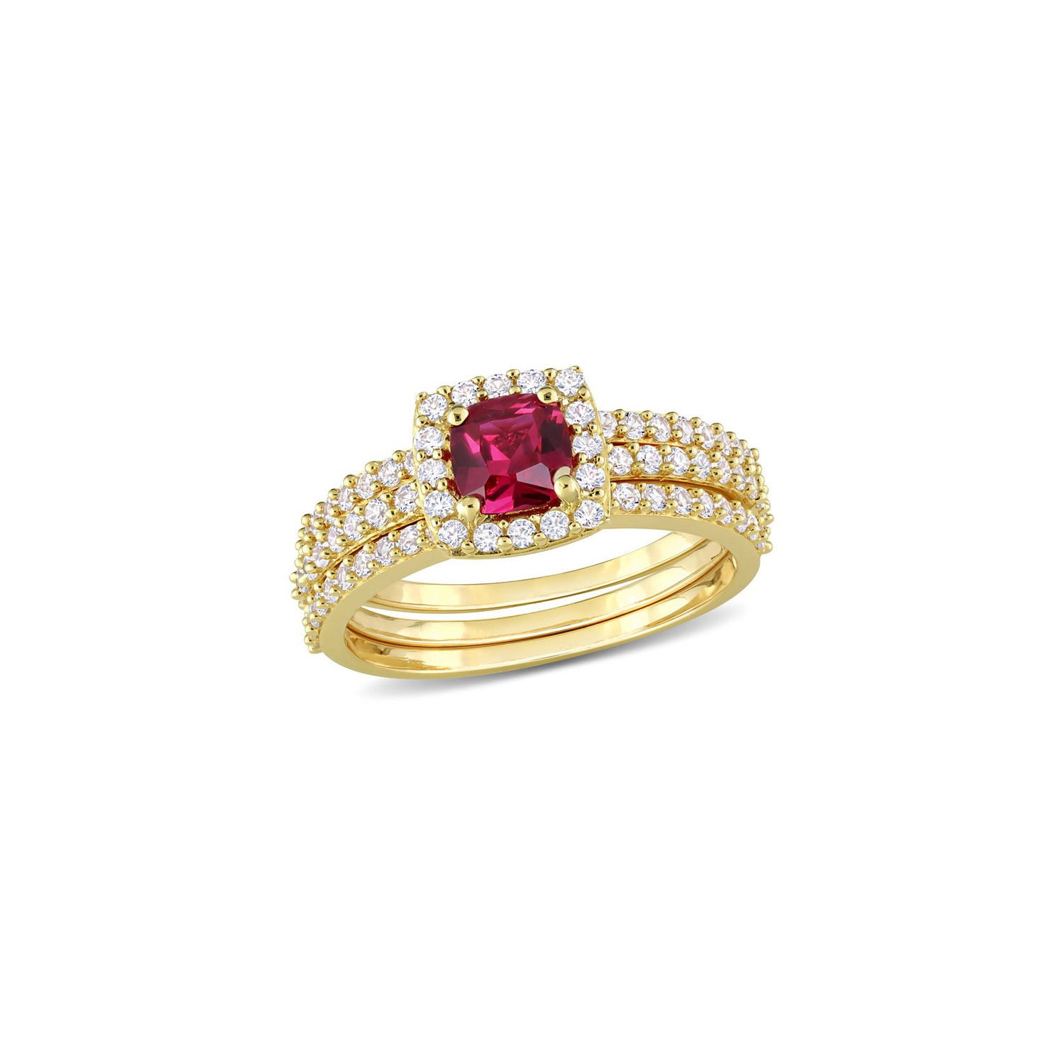 1 1/2 Carat Lab-Created Ruby and White Sapphire with Diamond Bridal Wedding Set Engagement Ring Yellow Plated Silver