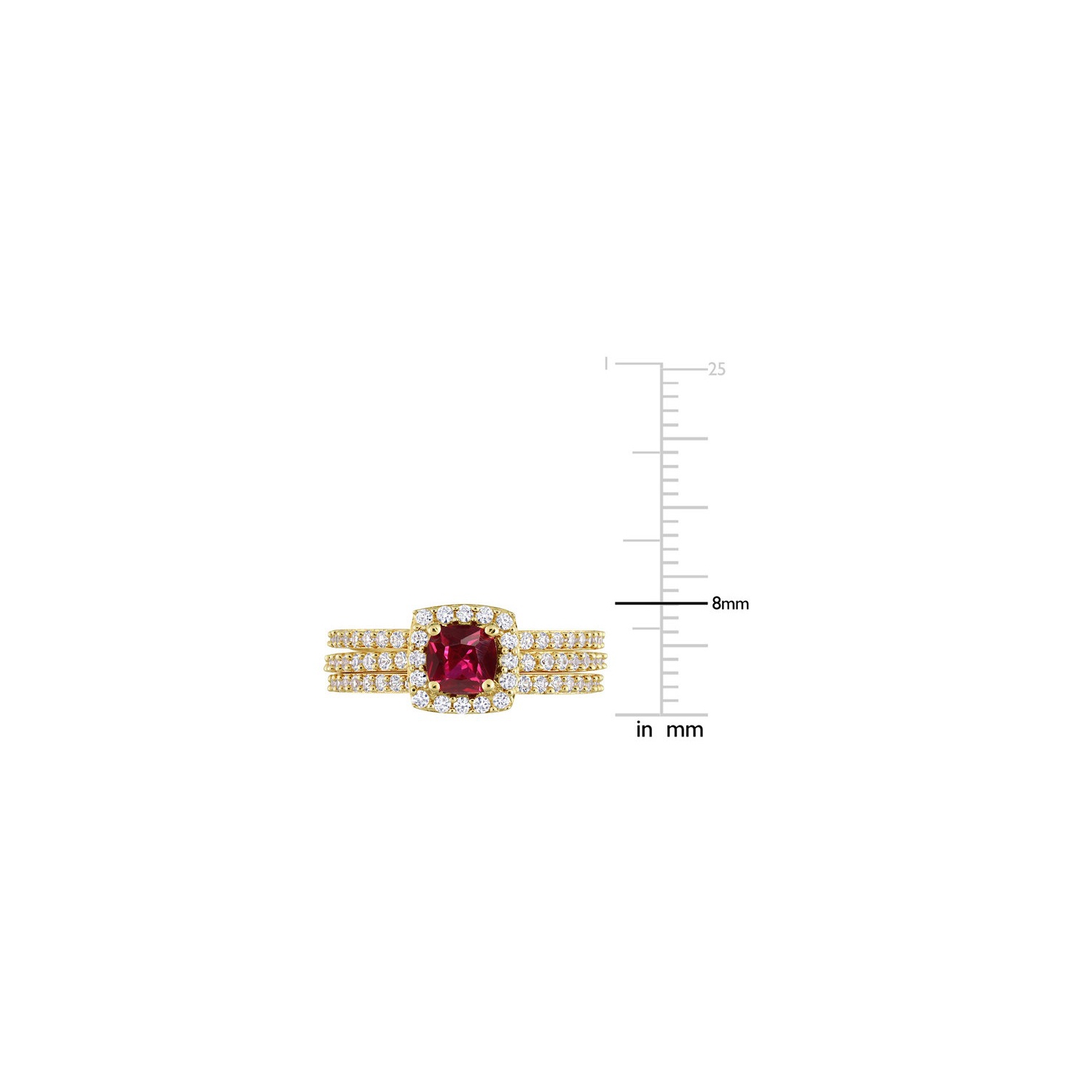 1 1/2 Carat Lab-Created Ruby and White Sapphire with Diamond Bridal Wedding Set Engagement Ring Yellow Plated Silver