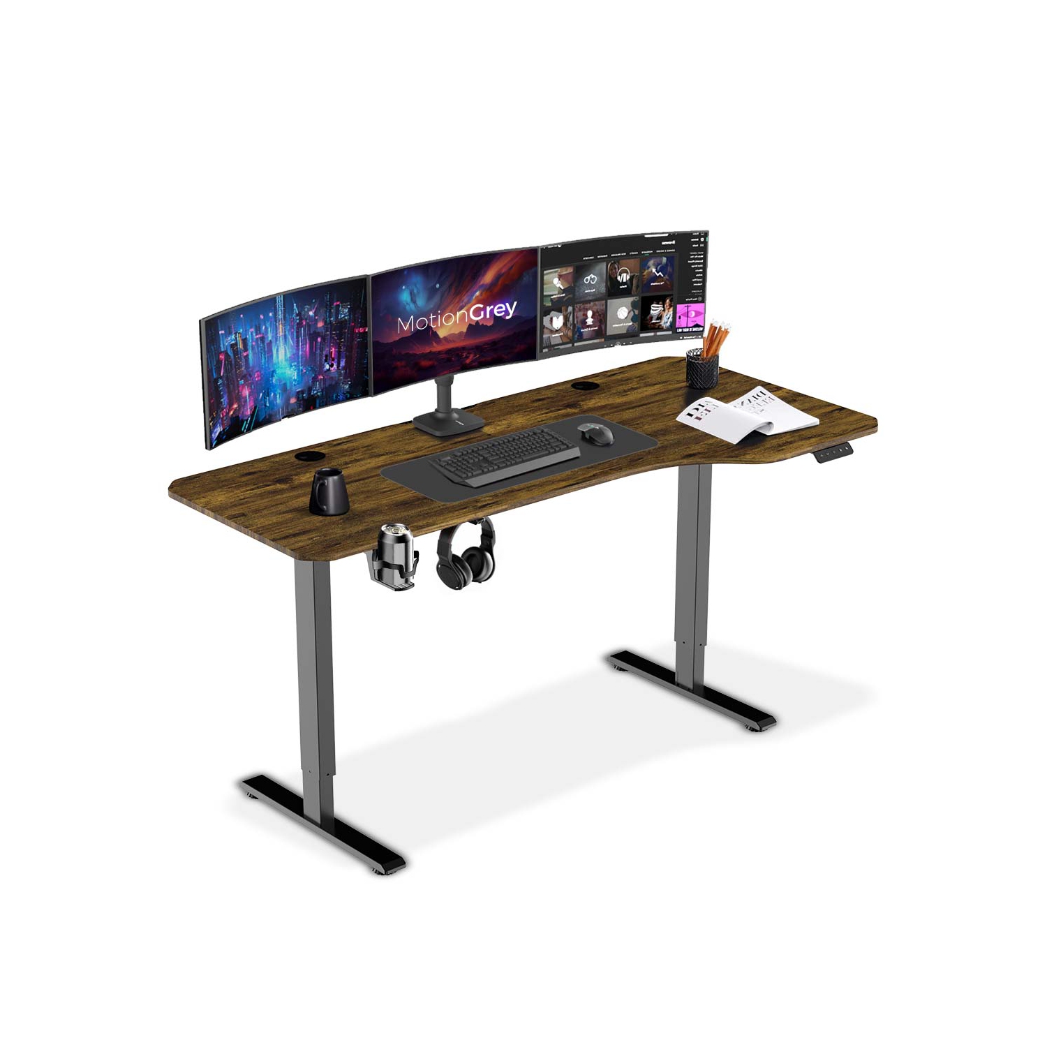 MotionGrey - Height Adjustable L Shaped Standing Desk, 160x60cm, Corner Desk, L Shape Desk, Computer Electric Sit Stand Desk Stand - Motorized Frame Right Top (Rustic Brown, 63x24)