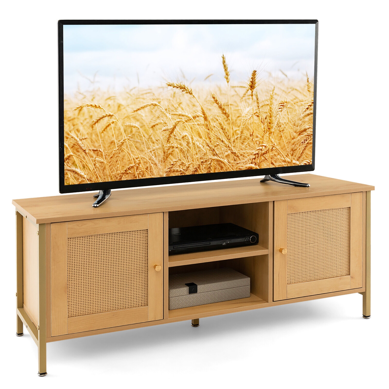 Gymax Boho TV Stand for TV up to 55'' w/ Faux Rattan Door Side Cabinet & Open Shelf