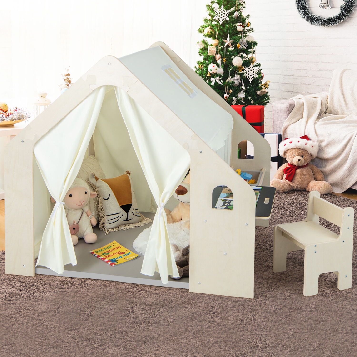 Gymax 6-in-1 Kids Playhouse Wooden Indoor Play Tent w/ Blackboard Desk Table Chair