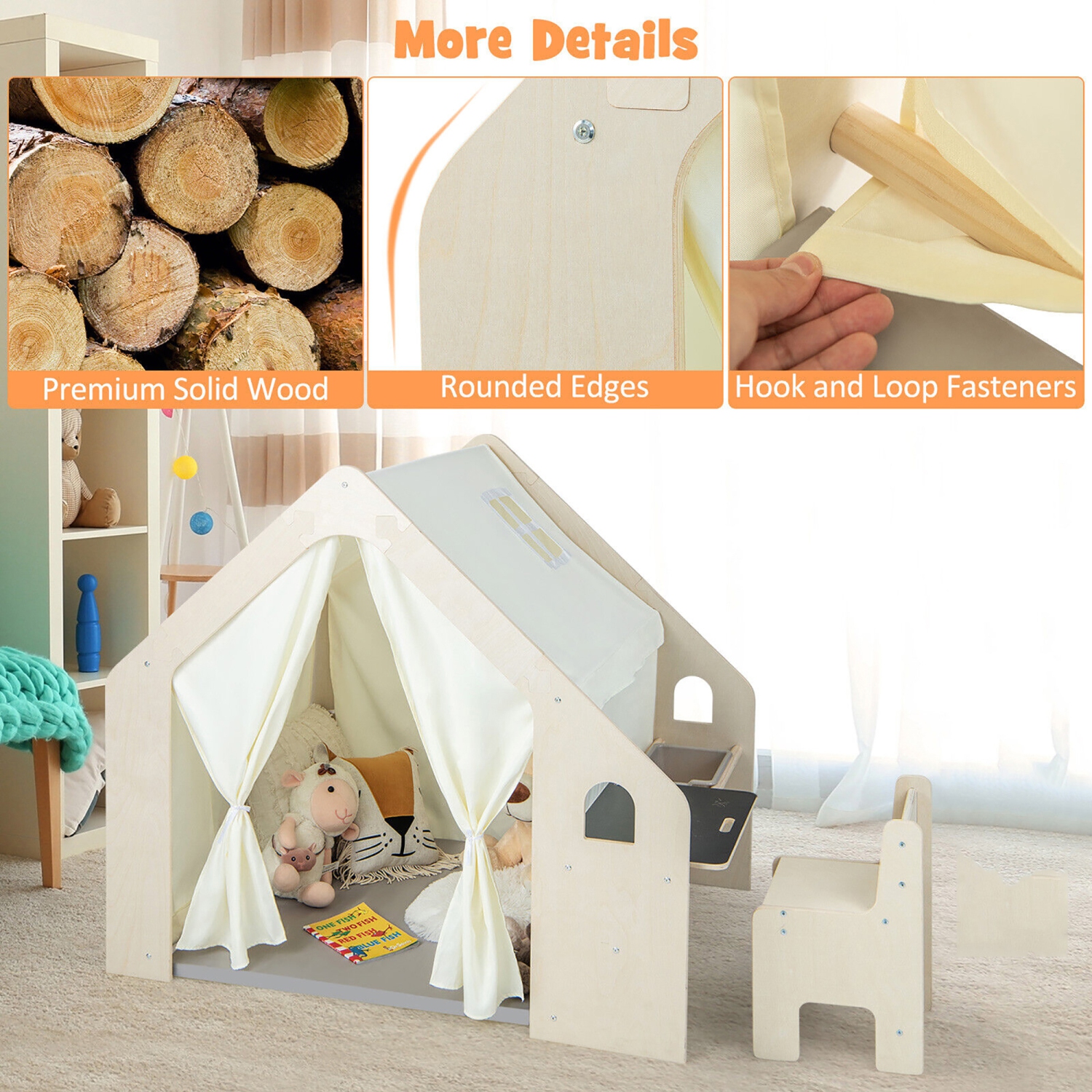 Gymax 6-in-1 Kids Playhouse Wooden Indoor Play Tent w/ Blackboard Desk Table Chair