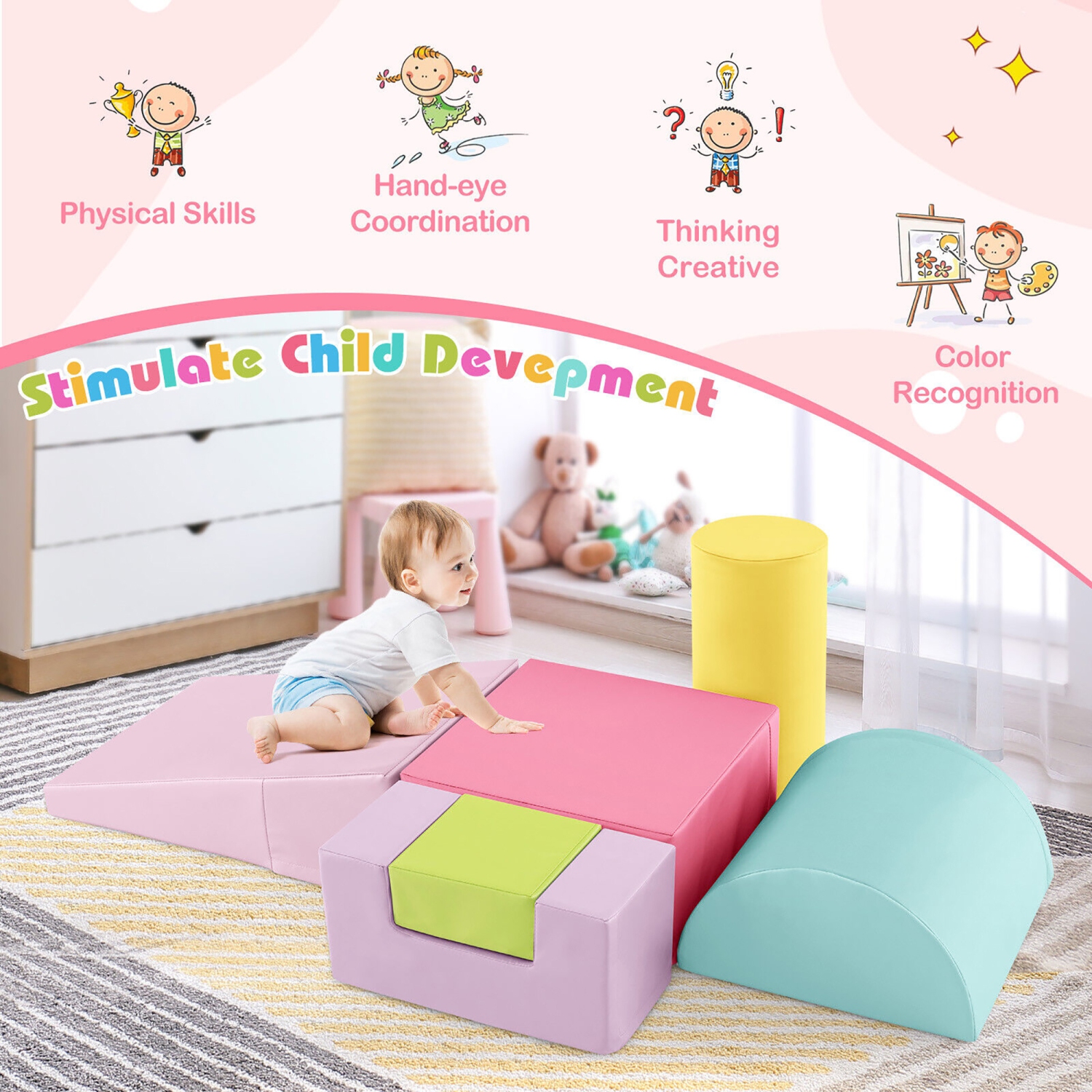 Gymax 6 PCS Kids Climber Play Set Indoor Foam Climb & Crawl Activity Blocks w/ Cover