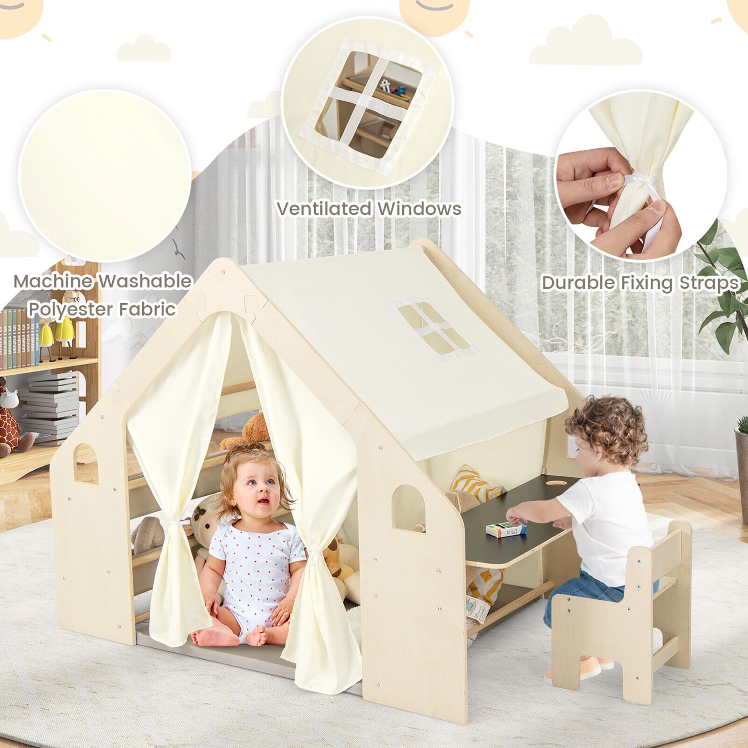 Gymax 6-in-1 Kids Playhouse Wooden Play Tent w/ Blackboard Desk Chair 6 Storage Bins