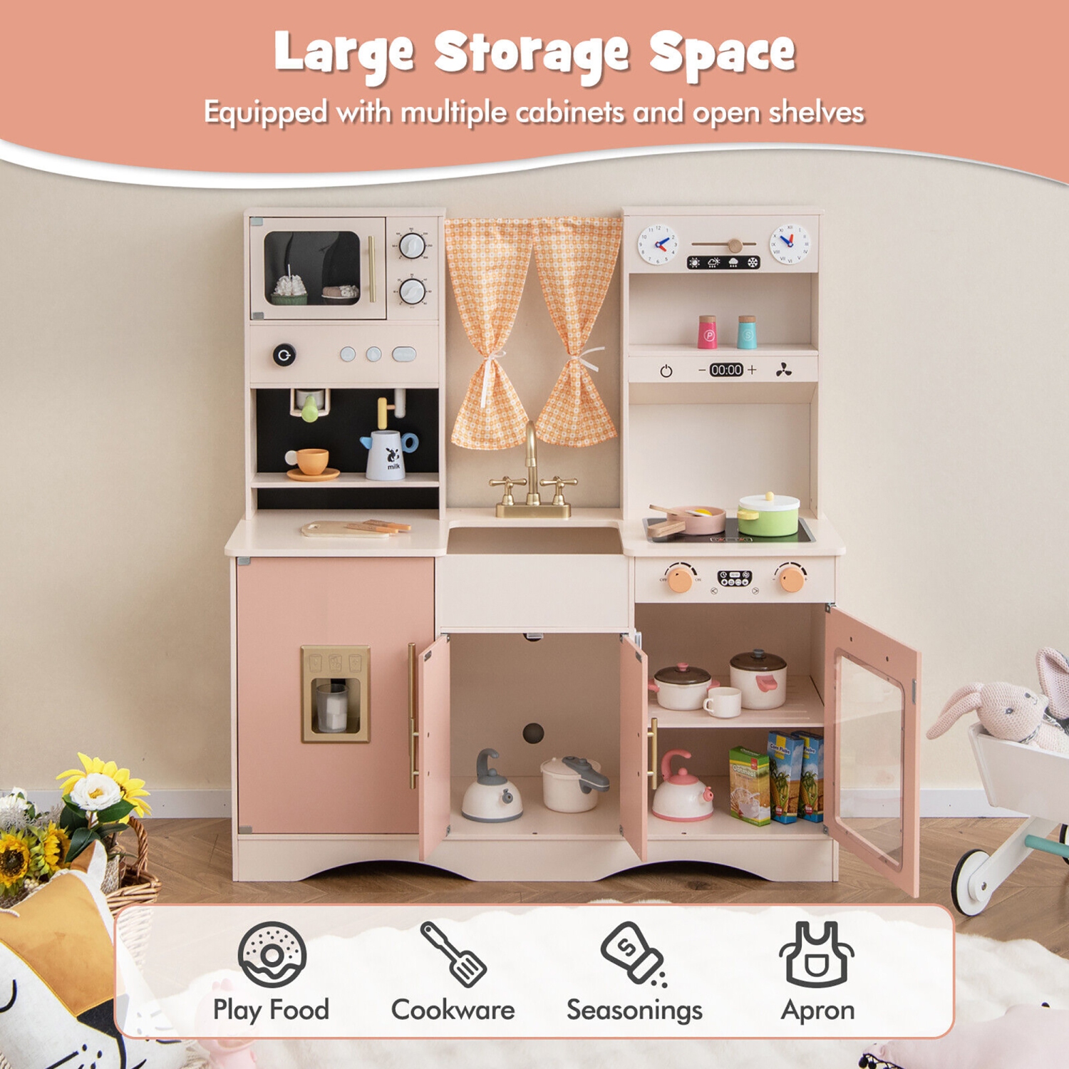 Gymax Kids Play Kitchen Pretend Playset w/ 2 Curtains & 16 Pcs Play Accessories Pink