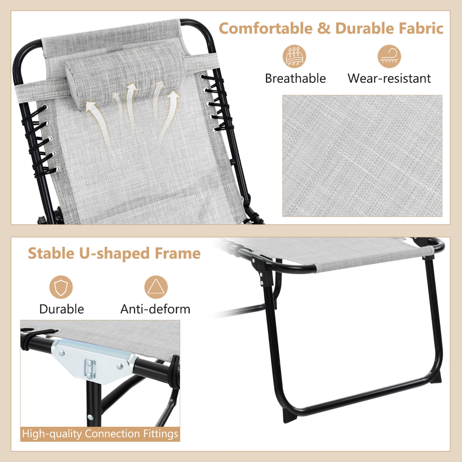 Gymax 2 PCS Folding Chaise Lounge Portable Lay Flat Reclining Chair w/ 4-Level Backrest Side Pocket