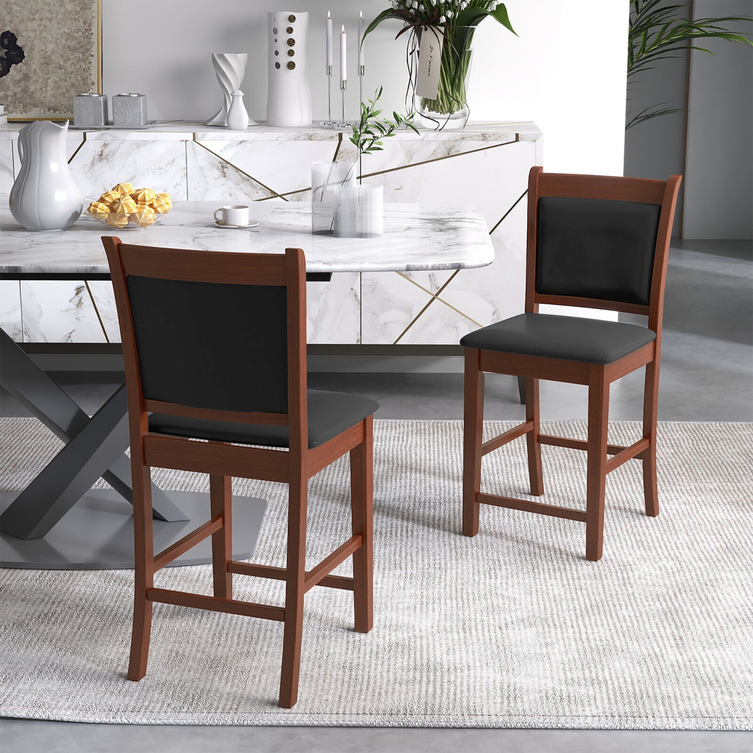 Gymax Upholstered Counter Stool Set of 4 w/ Solid Rubber Wood Frame Ergonomic Backrest