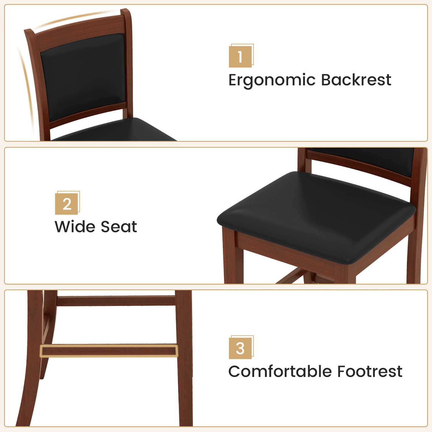 Gymax Upholstered Counter Stool Set of 4 w/ Solid Rubber Wood Frame Ergonomic Backrest