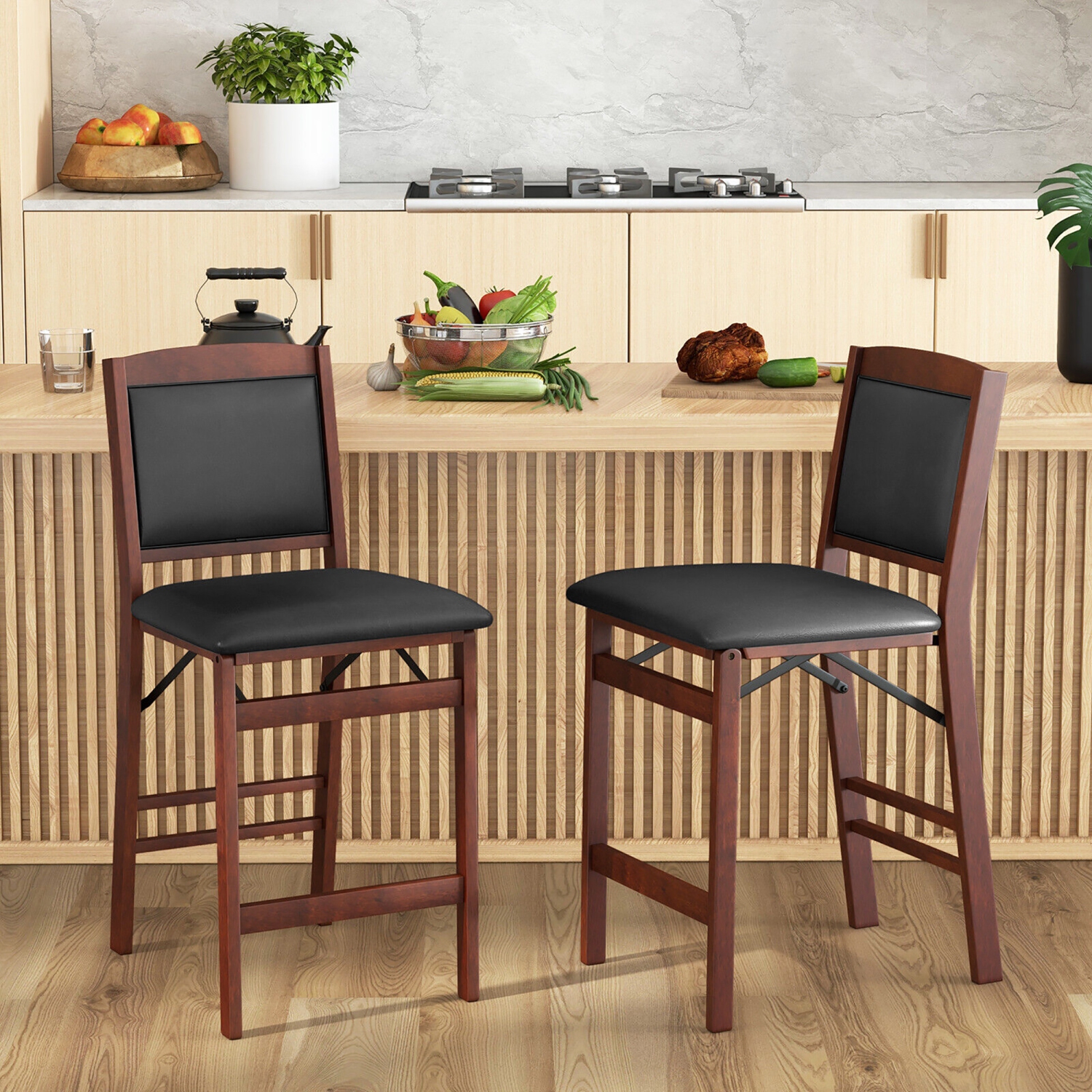Gymax Set of 4 Counter Height Chairs w/ Rubber Wood Legs Padded Seat & Backrest