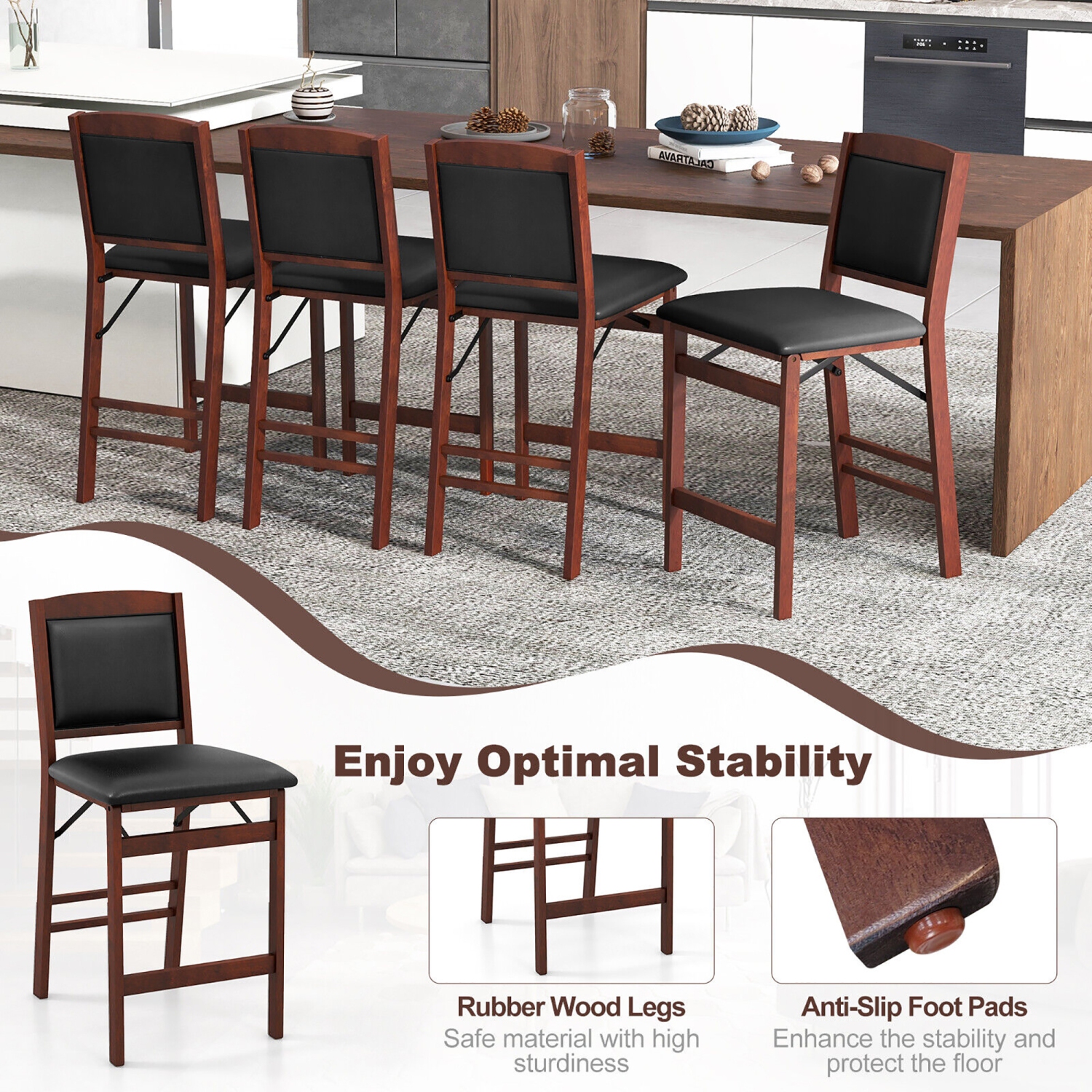 Gymax Set of 4 Counter Height Chairs w/ Rubber Wood Legs Padded Seat & Backrest