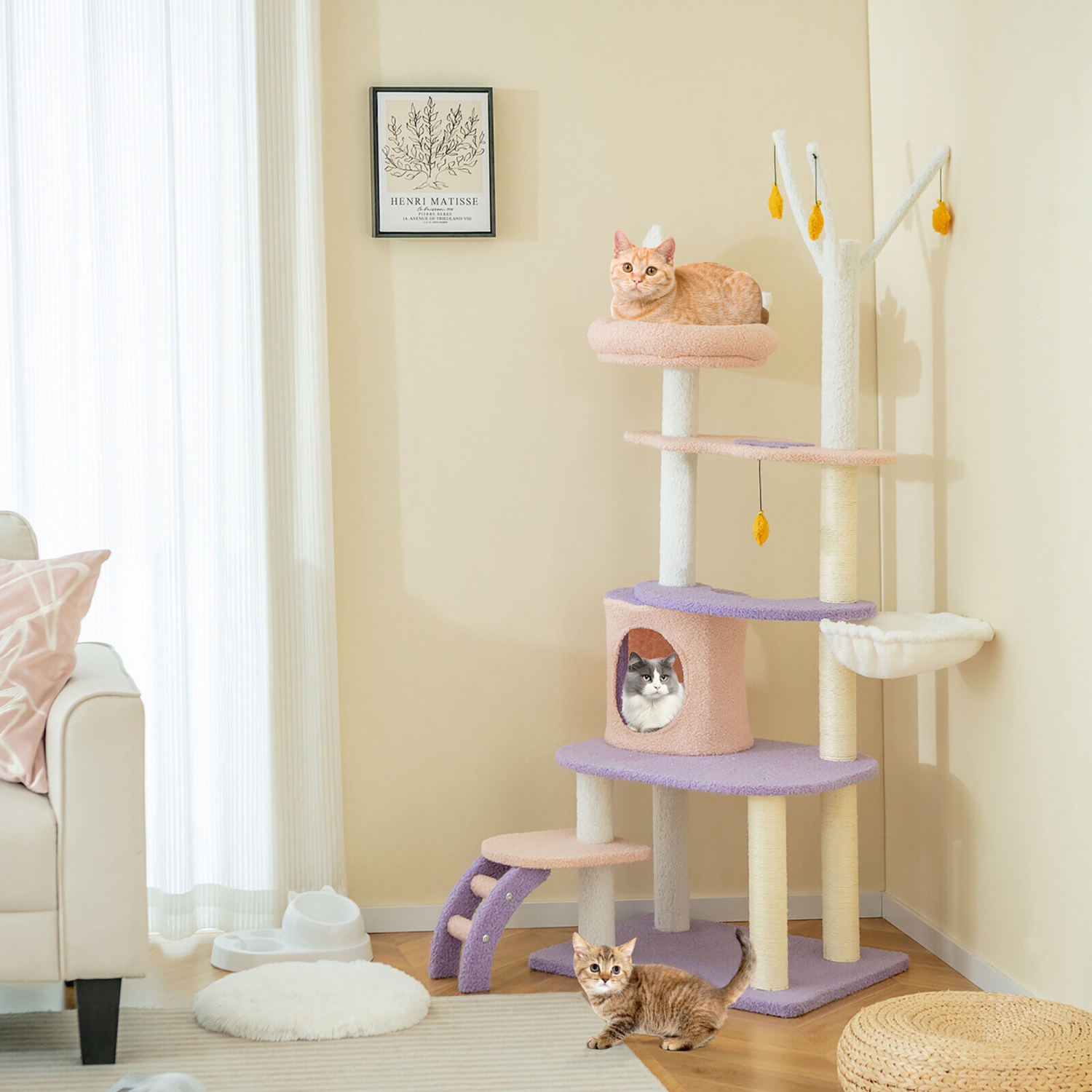 Gymax 62'' Cute Purple Cat Tree Tower w/ Ladder Sisal Covered Scratching Posts Indoor