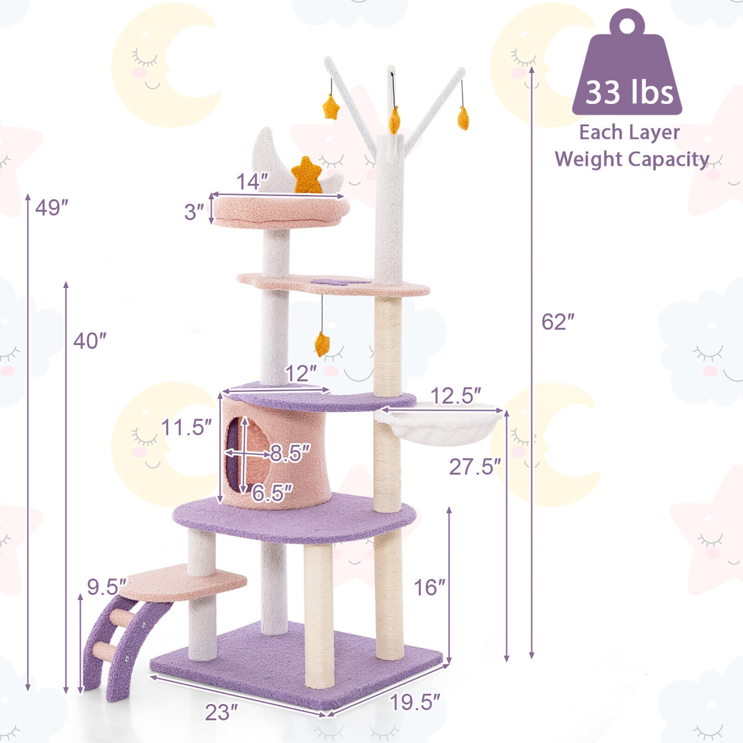 Gymax 62'' Cute Purple Cat Tree Tower w/ Ladder Sisal Covered Scratching Posts Indoor