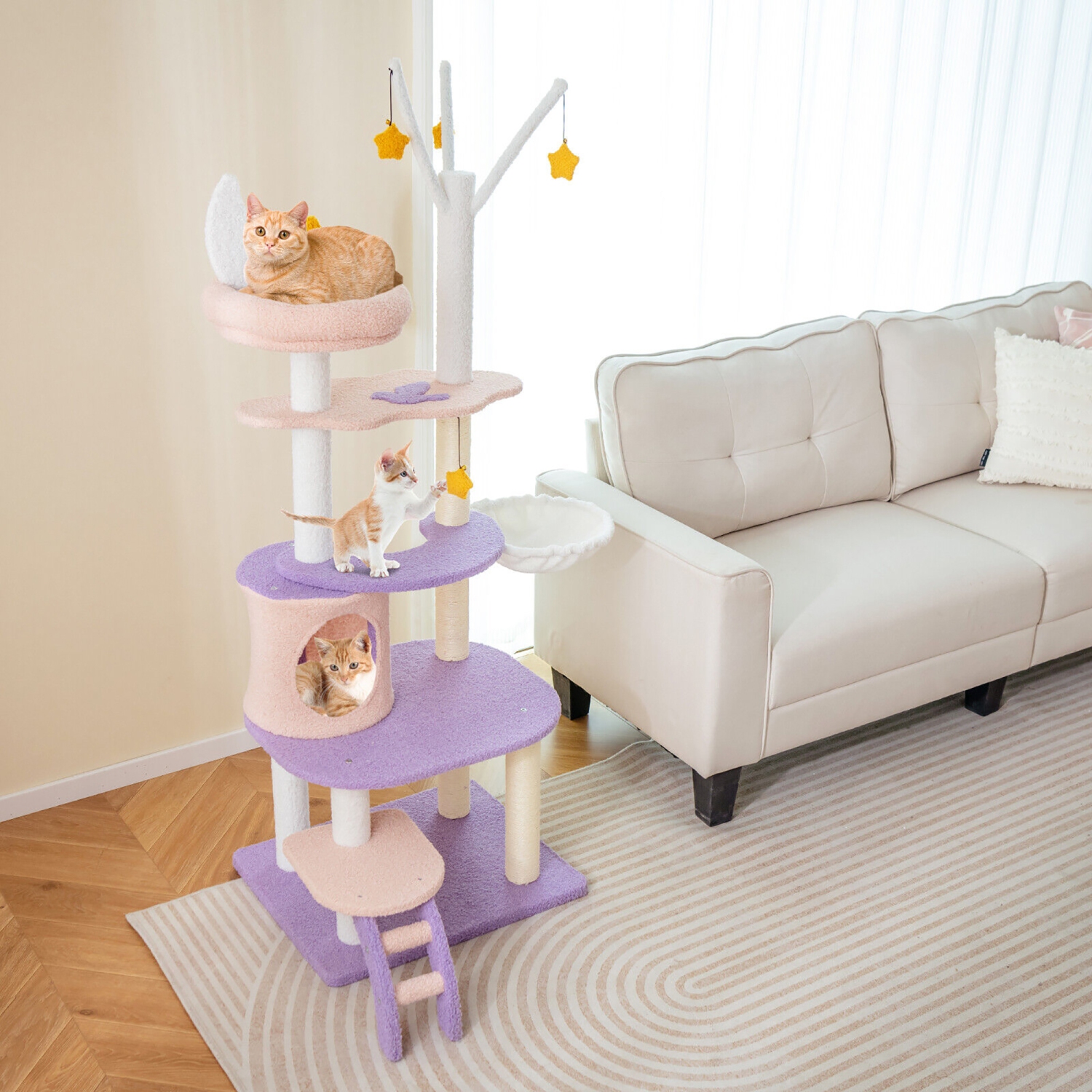 Gymax 62'' Cute Purple Cat Tree Tower w/ Ladder Sisal Covered Scratching Posts Indoor