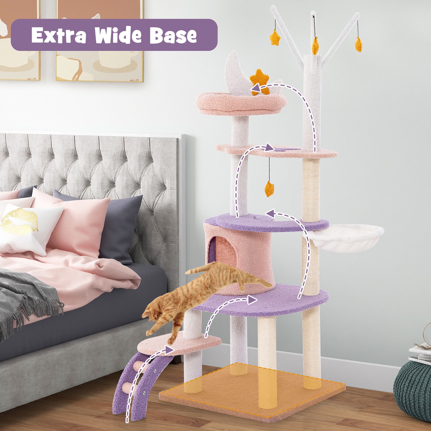 Gymax 62'' Cute Purple Cat Tree Tower w/ Ladder Sisal Covered Scratching Posts Indoor