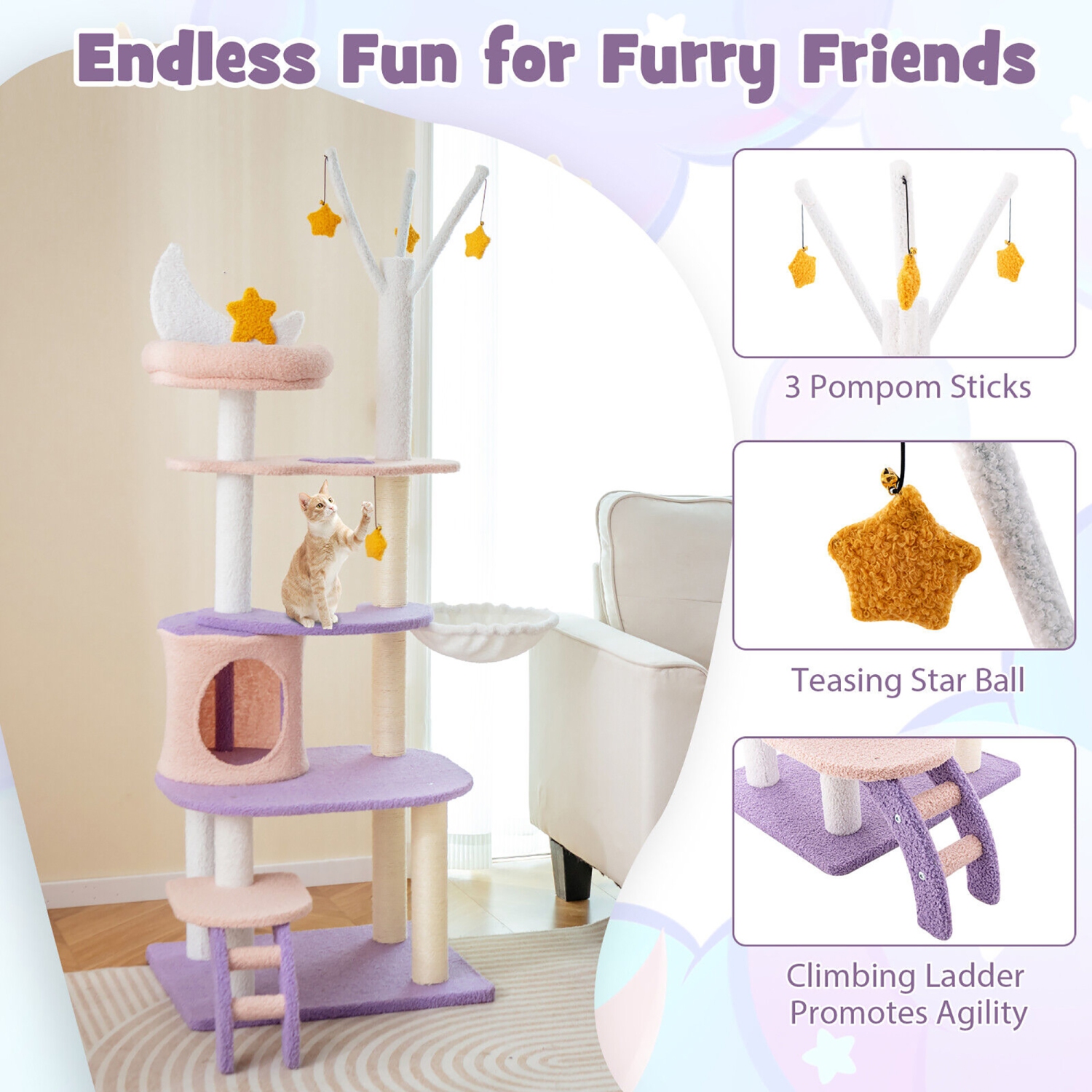 Gymax 62'' Cute Purple Cat Tree Tower w/ Ladder Sisal Covered Scratching Posts Indoor