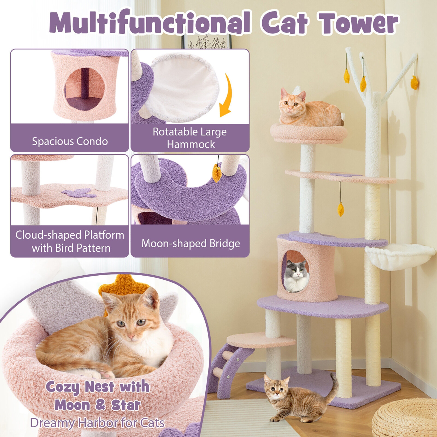 Gymax 62'' Cute Purple Cat Tree Tower w/ Ladder Sisal Covered Scratching Posts Indoor