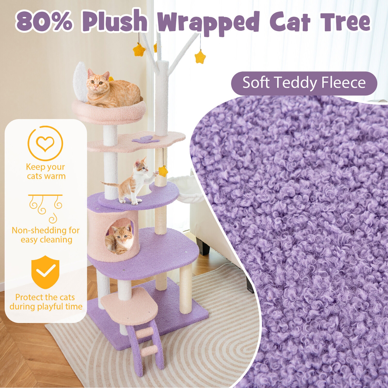 Gymax 62'' Cute Purple Cat Tree Tower w/ Ladder Sisal Covered Scratching Posts Indoor