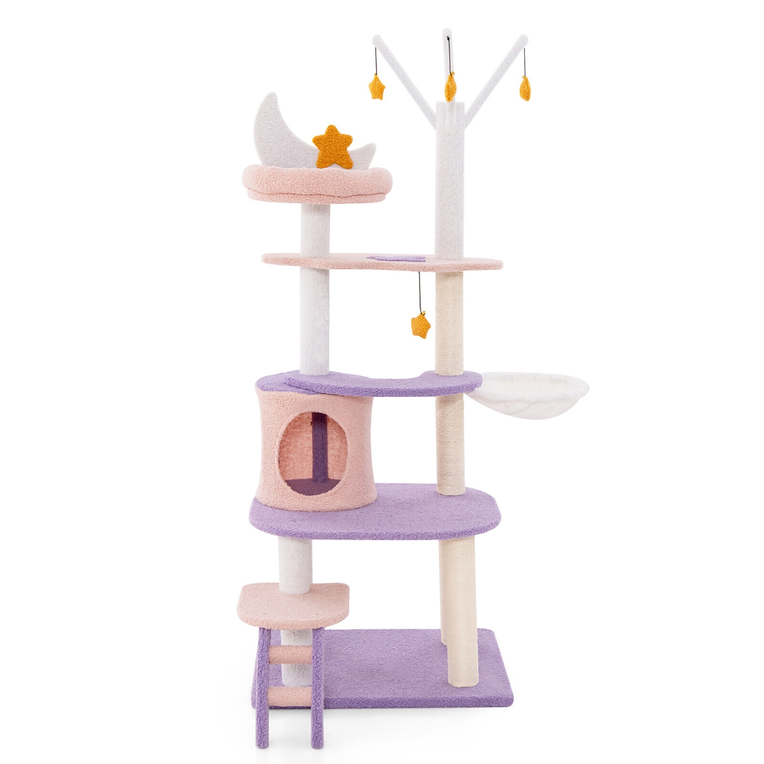 Gymax 62'' Cute Purple Cat Tree Tower w/ Ladder Sisal Covered Scratching Posts Indoor