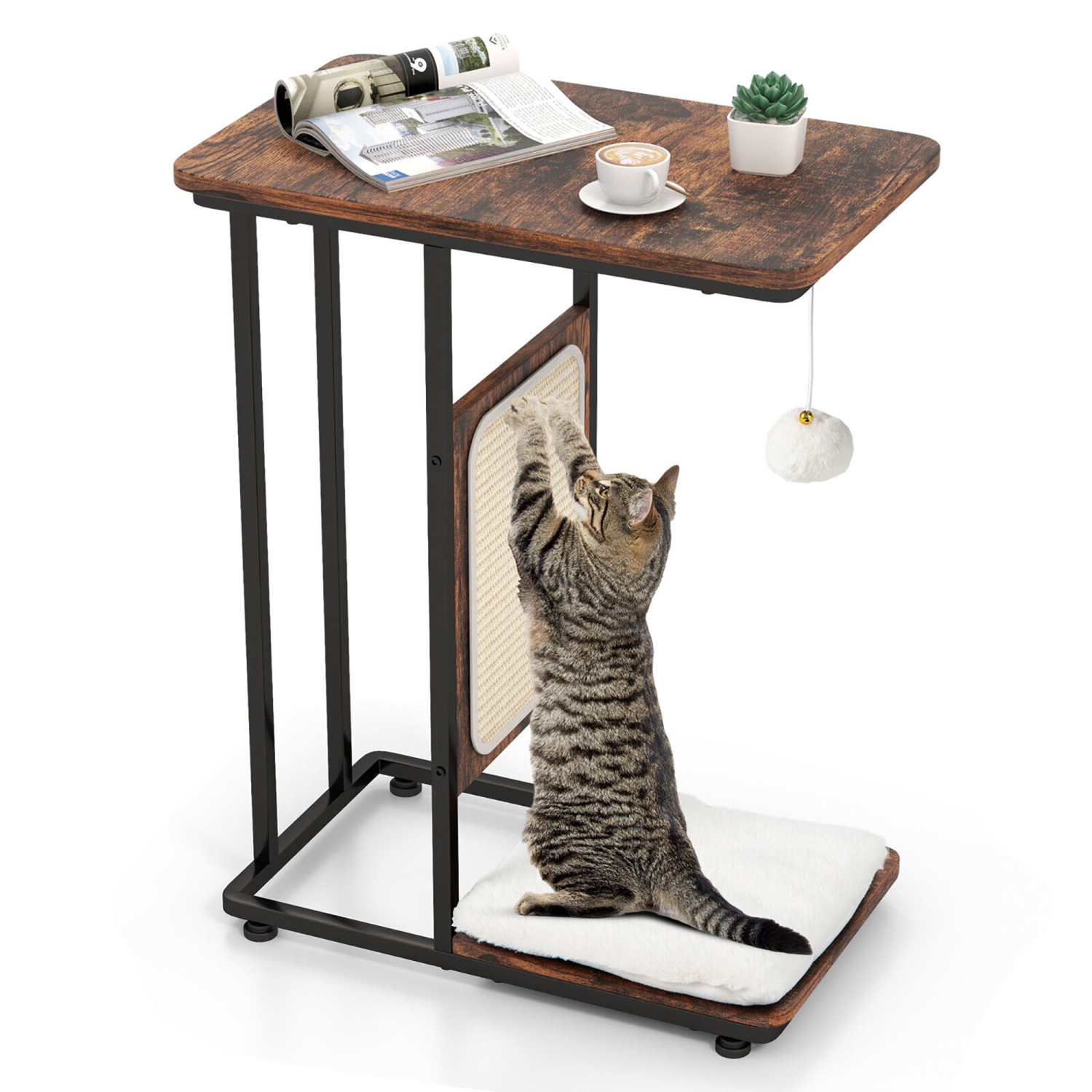 Gymax Cat Tree & C- Shaped Cat Side Table w/ Scratching Board Hanging Toy Rustic Brown