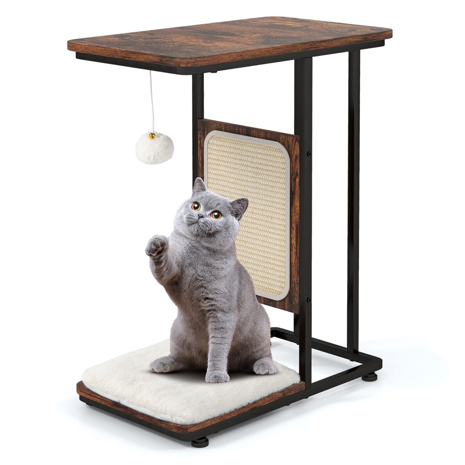 Gymax Cat Tree & C- Shaped Cat Side Table w/ Scratching Board Hanging Toy Rustic Brown