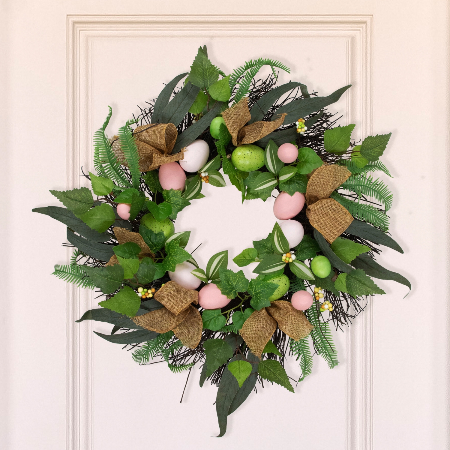 Easter Egg and Burlap Ribbon Mixed Foliage Twig Wreath, 22-Inch