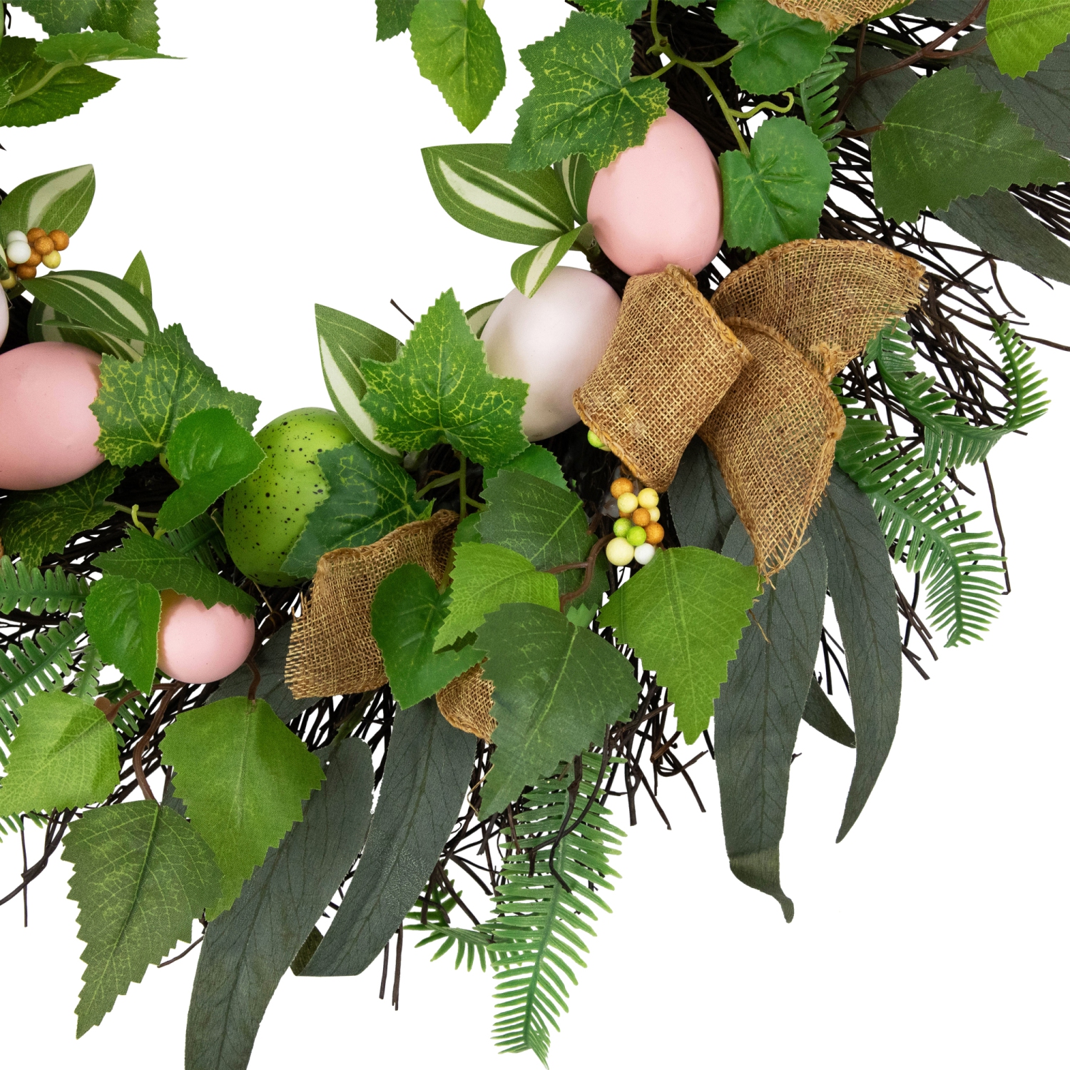 Easter Egg and Burlap Ribbon Mixed Foliage Twig Wreath, 22-Inch