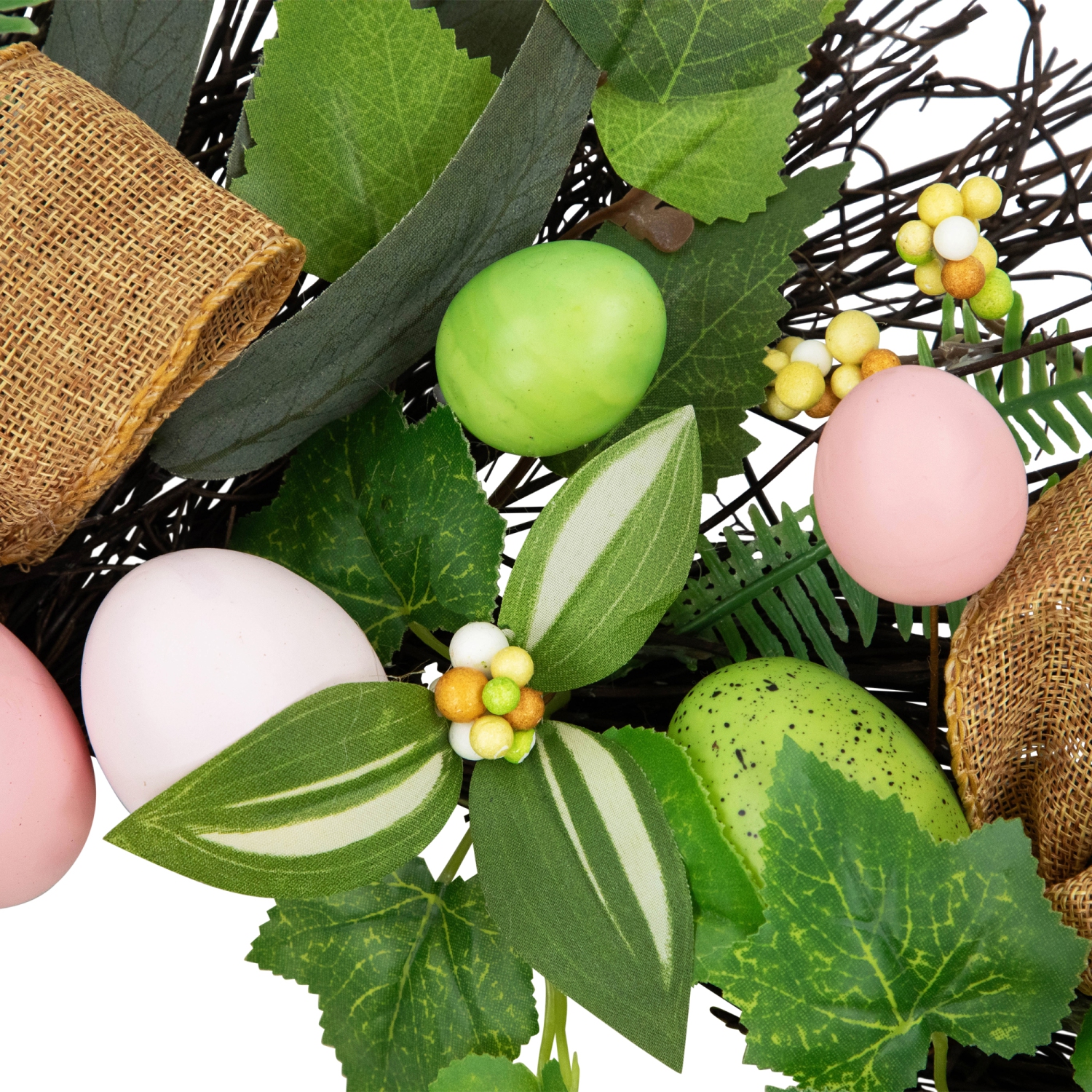 Easter Egg and Burlap Ribbon Mixed Foliage Twig Wreath, 22-Inch