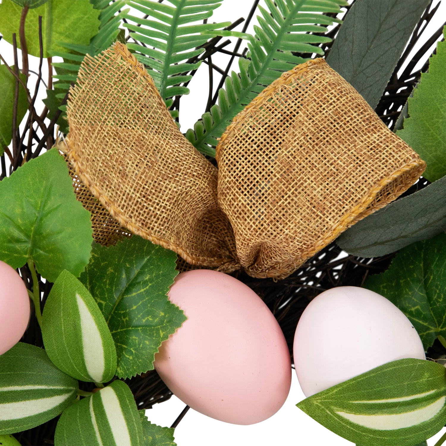 Easter Egg and Burlap Ribbon Mixed Foliage Twig Wreath, 22-Inch