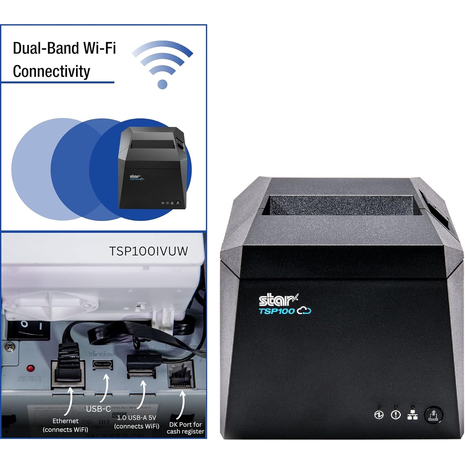Star Micronics Thermal Receipt Printer TSP143IVUW - TSP100IV Series Cutter, WLAN, USB-C, Ethernet, CLOUDPRNT with Ethernet and USB Cable, Gray
