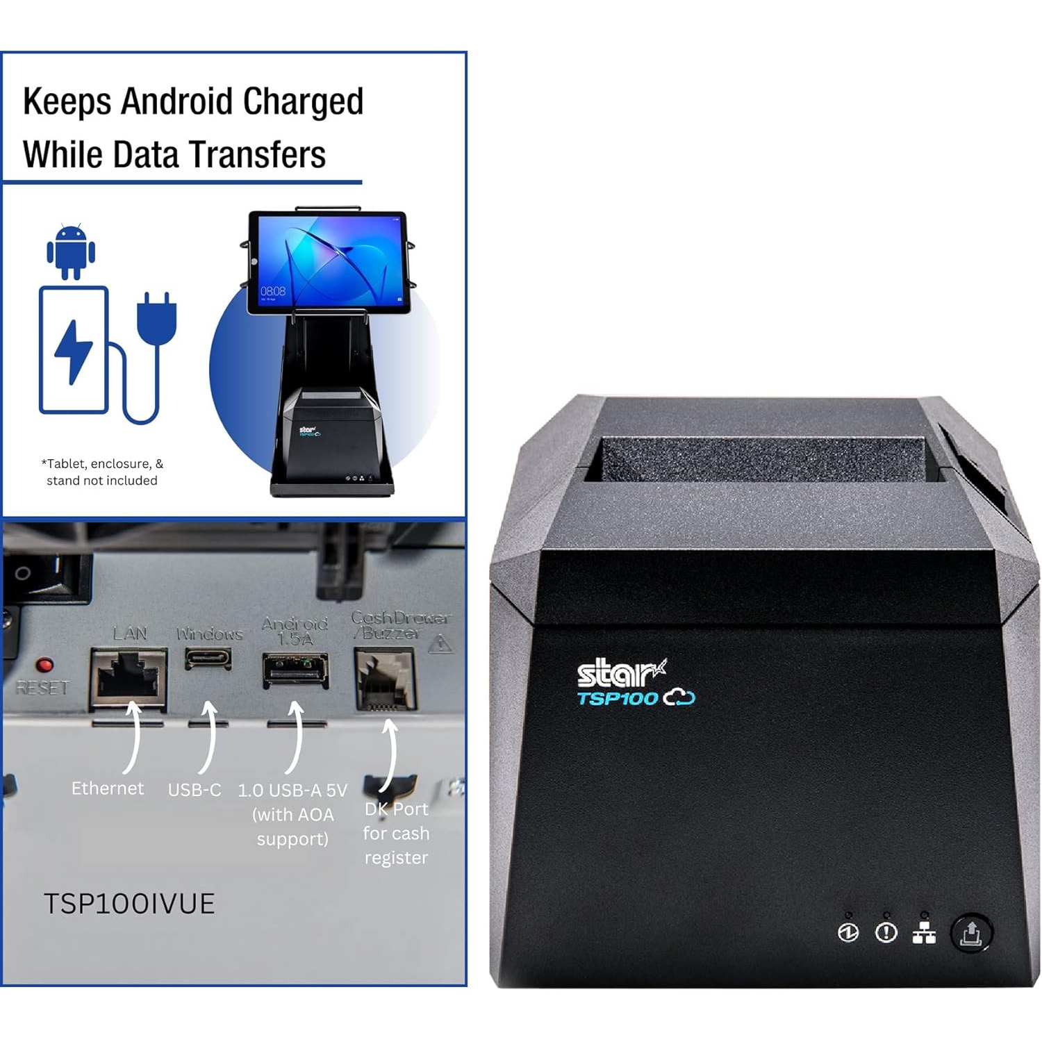 Star Micronics Thermal Receipt Printer TSP143IVUE - TSP100IV Series Cutter, AOA, USB-C, USB-A, Ethernet, CLOUDPRNT with Ethernet and USB Cable, Gray