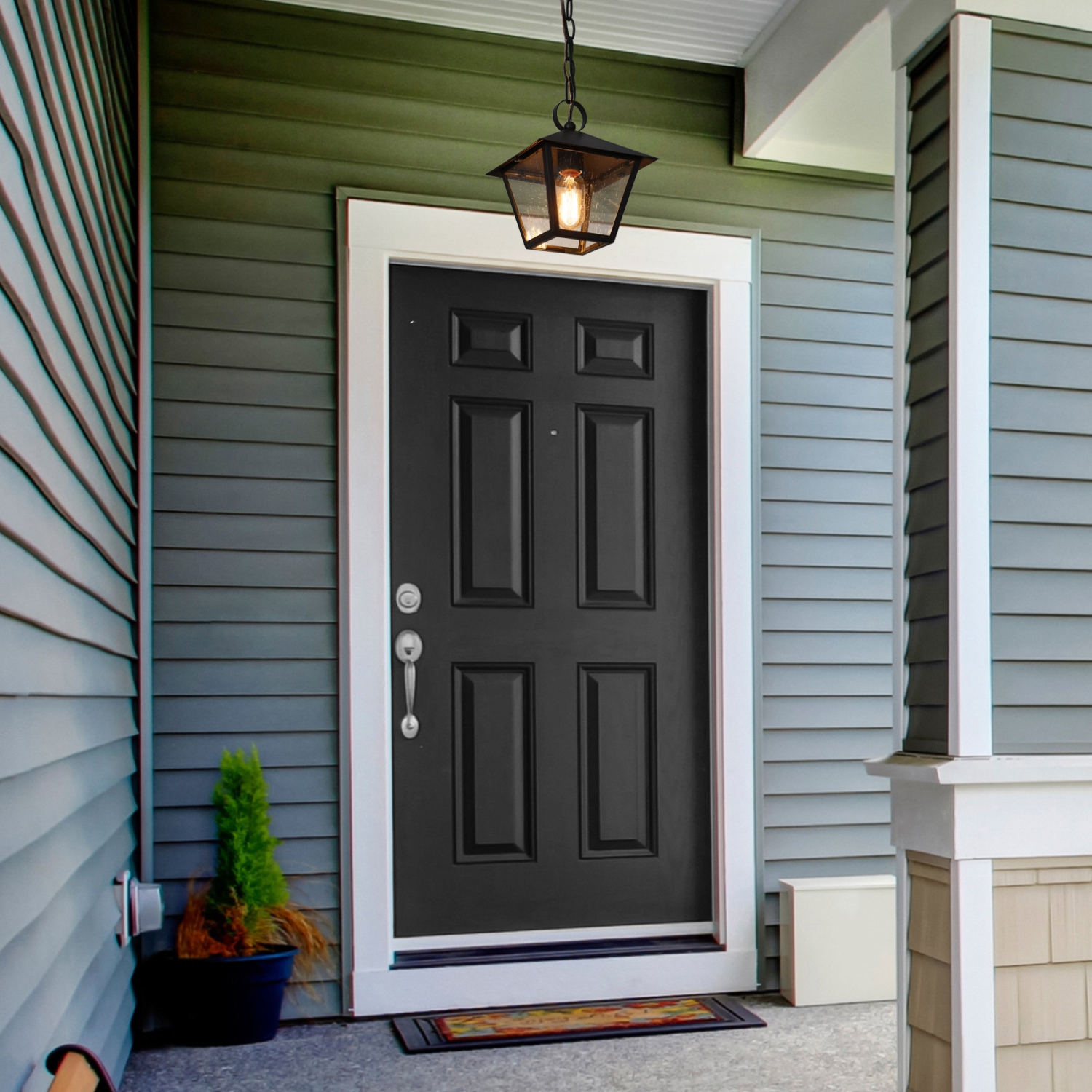 Luminaire suspendu extérieur Farmhouse, noir, Jared, 7,5 po Lampe de plafond extérieure à cage moderne à 1 lumières avec abat-jour en verre bosselé