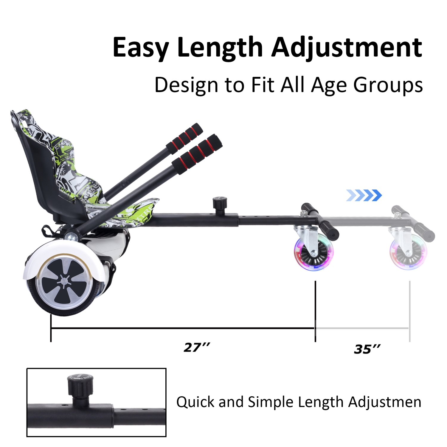 Planche gyroscopique à roue clignotante BIIST, Go Kart Attachment, accessoires de siège réglables Go Kart pour planche gyroscopique de tous les âges,