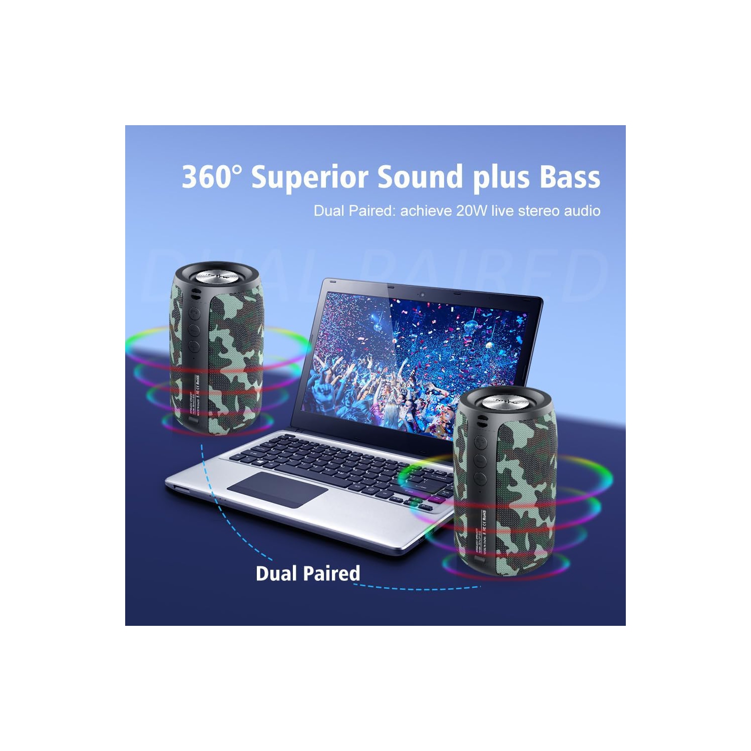 Portable Bluetooth Speaker, Waterproof Speaker, Wireless Speaker IPX5, 12H Playtime, Stereo Pairing, MIC/TF Card/USB/AUX Home/Outdoor/Home Audio Gift