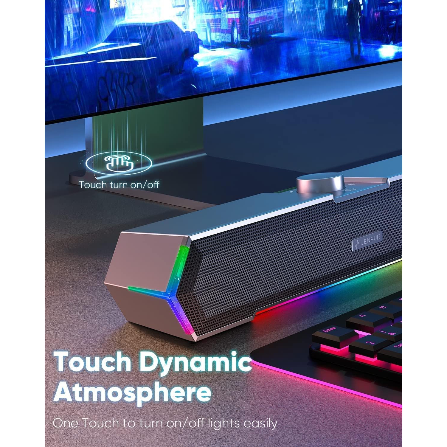 Touch Lights PC Speakers with Surge Clear Sound, Computer Speakers for Desktop, USB C/USB Powered for Computer Desktop PC Laptop Monitor Black