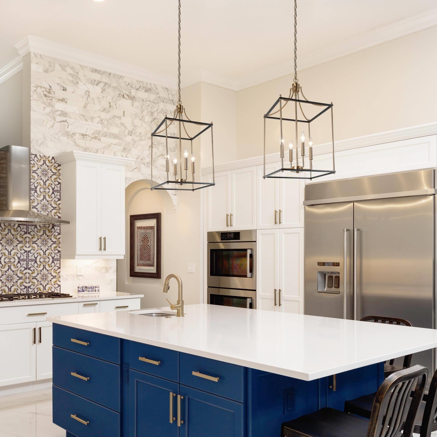 Modern Farmhouse Island Chandelier Light, 4-Light Black and Painted Copper Transitional Geometric Cage Chandelier