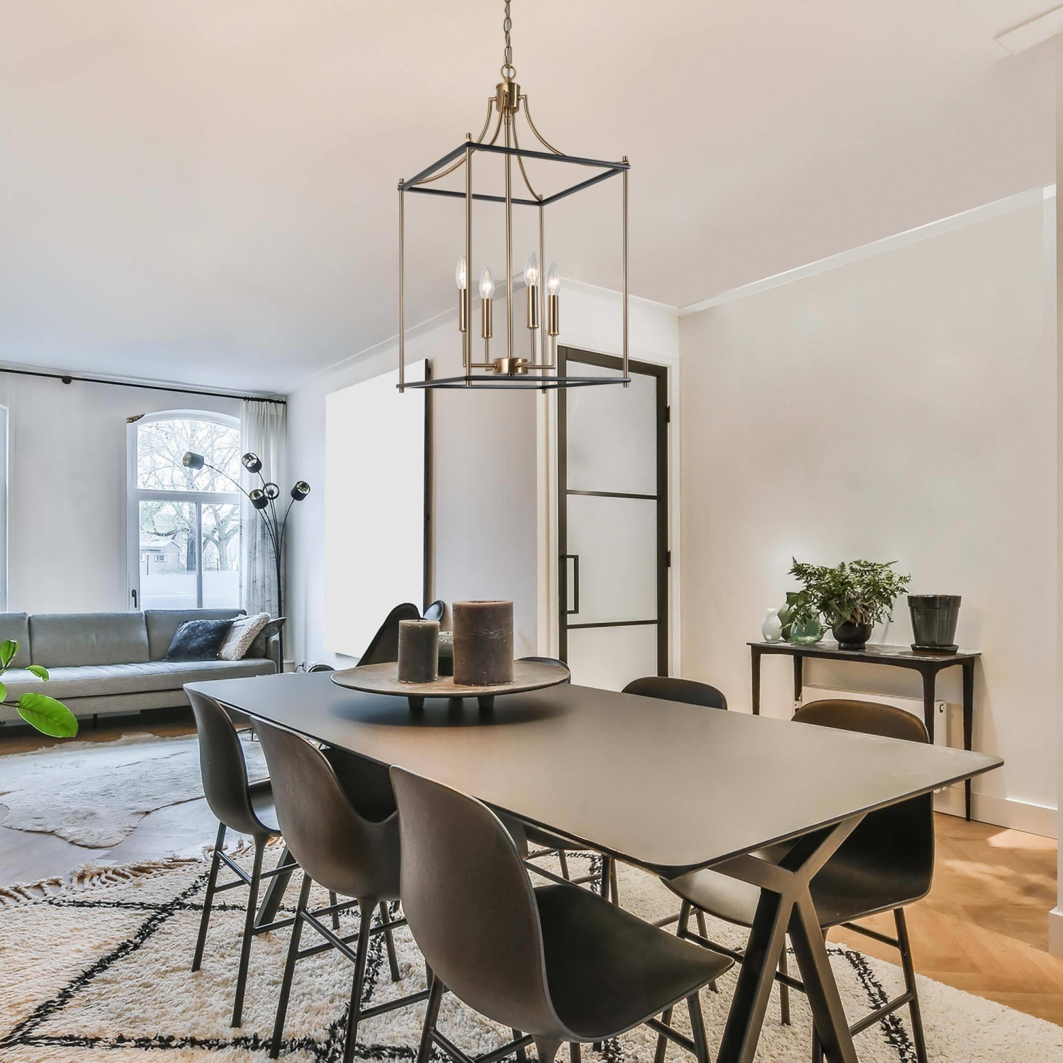 Modern Farmhouse Island Chandelier Light, 4-Light Black and Painted Copper Transitional Geometric Cage Chandelier