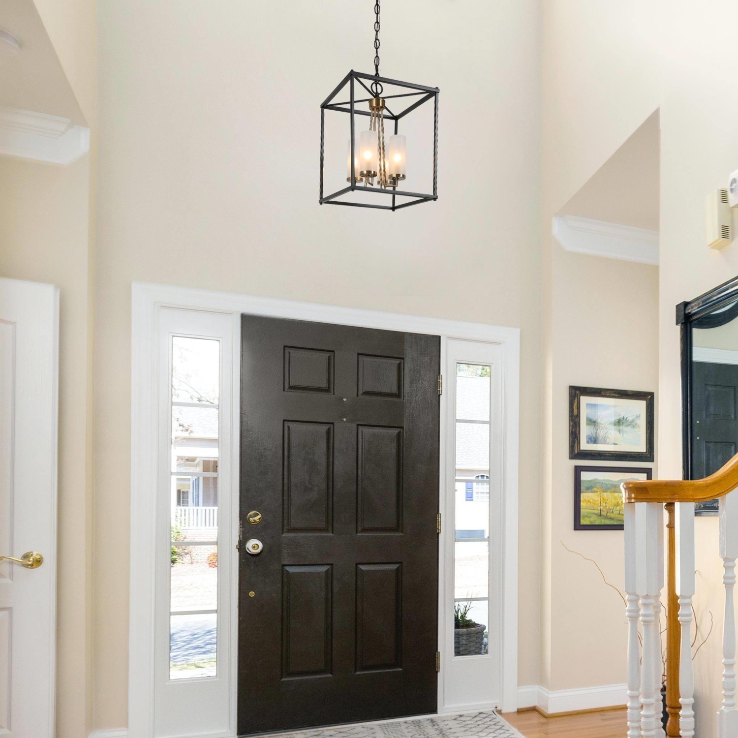 Modern Lantern Chandelier Light, 4-Light Matte Black and Electroplate Brass Cage Chandelier Light with Frosted Glass Shade