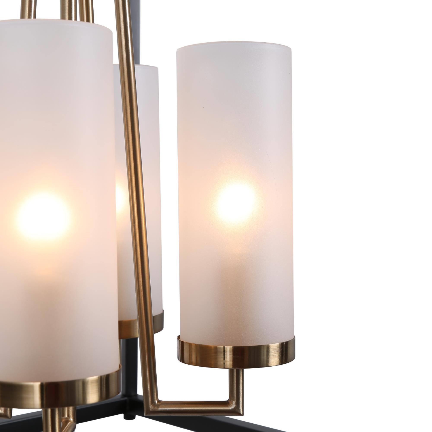 Modern Lantern Chandelier Light, 4-Light Matte Black and Electroplate Brass Cage Chandelier Light with Frosted Glass Shade